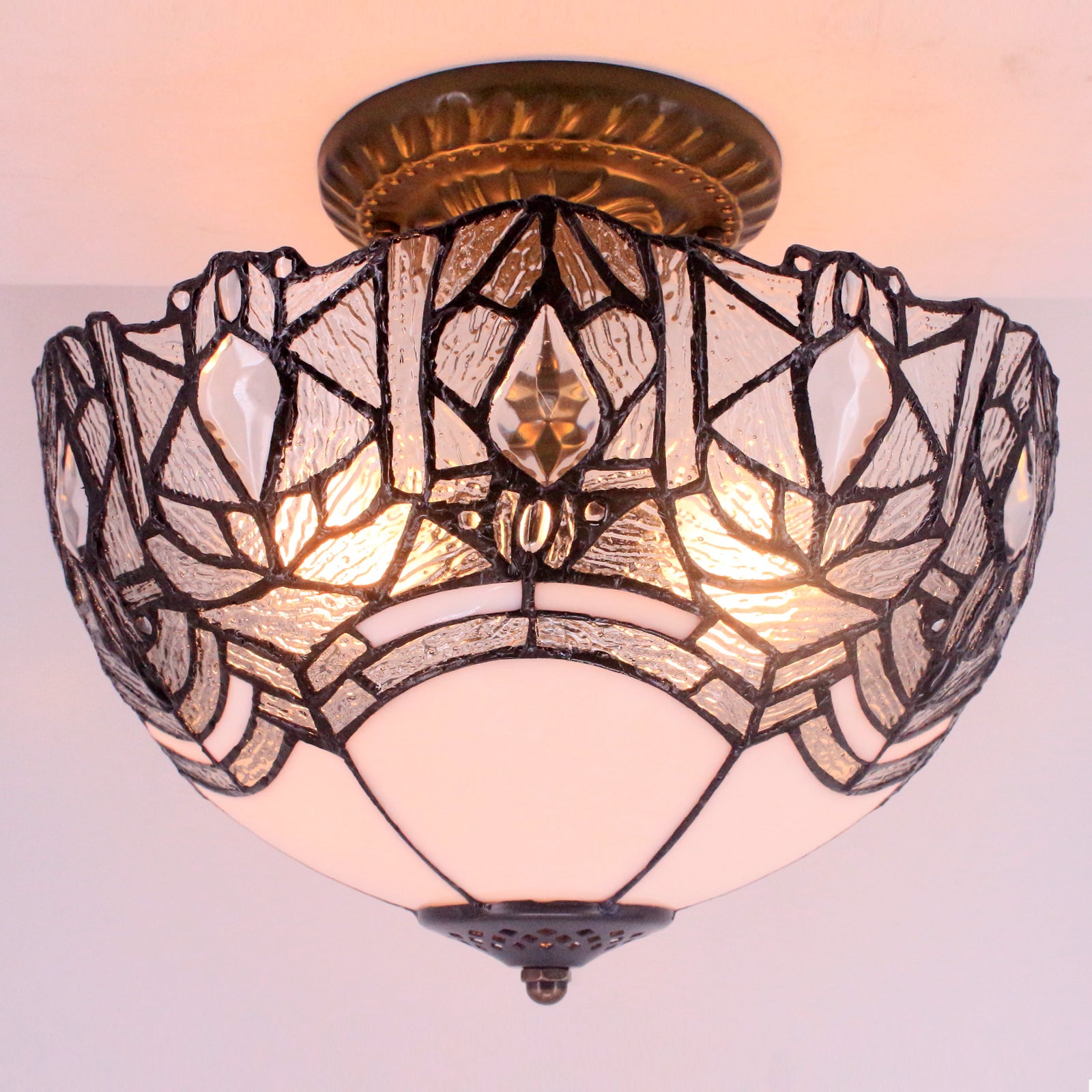 Werfactory® Tiffany Ceiling Lamp Crystal Bead White Stained Glass Ceiling Light Wide 12 Inch S508W Series