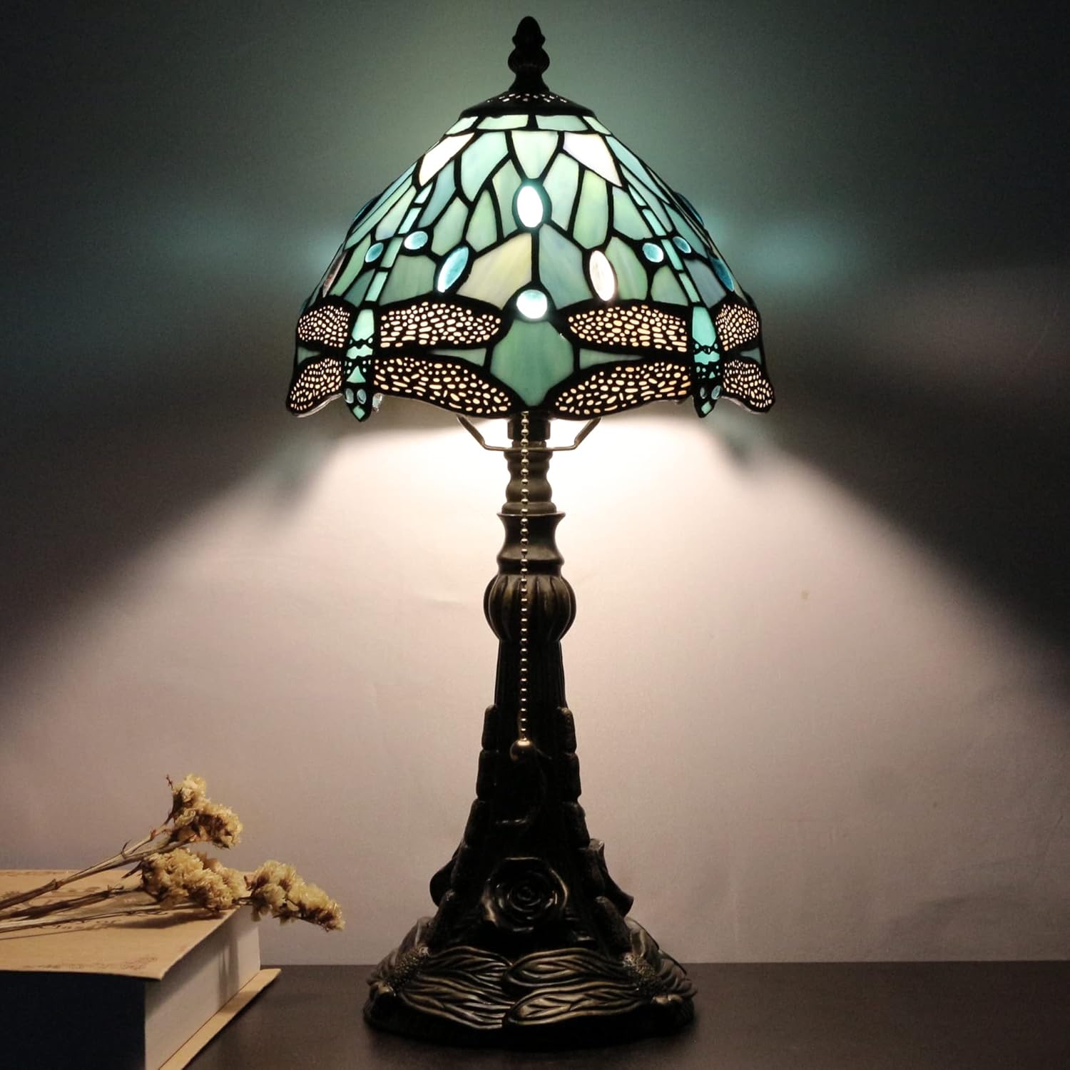 Werfactory® Stained Glass Sea Blue Dragonfly Style Desk Light Wide 8 Inch Tiffany Table Lamp