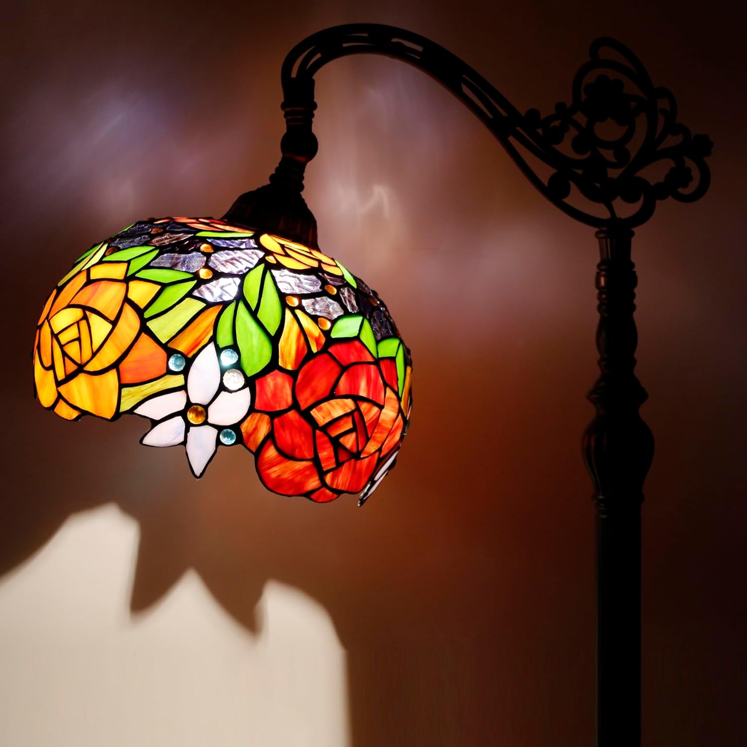Werfactory®Tiffany Style Floor Lamp Red Rose Flower 10 Inch Stained Glass Arched Lamp
