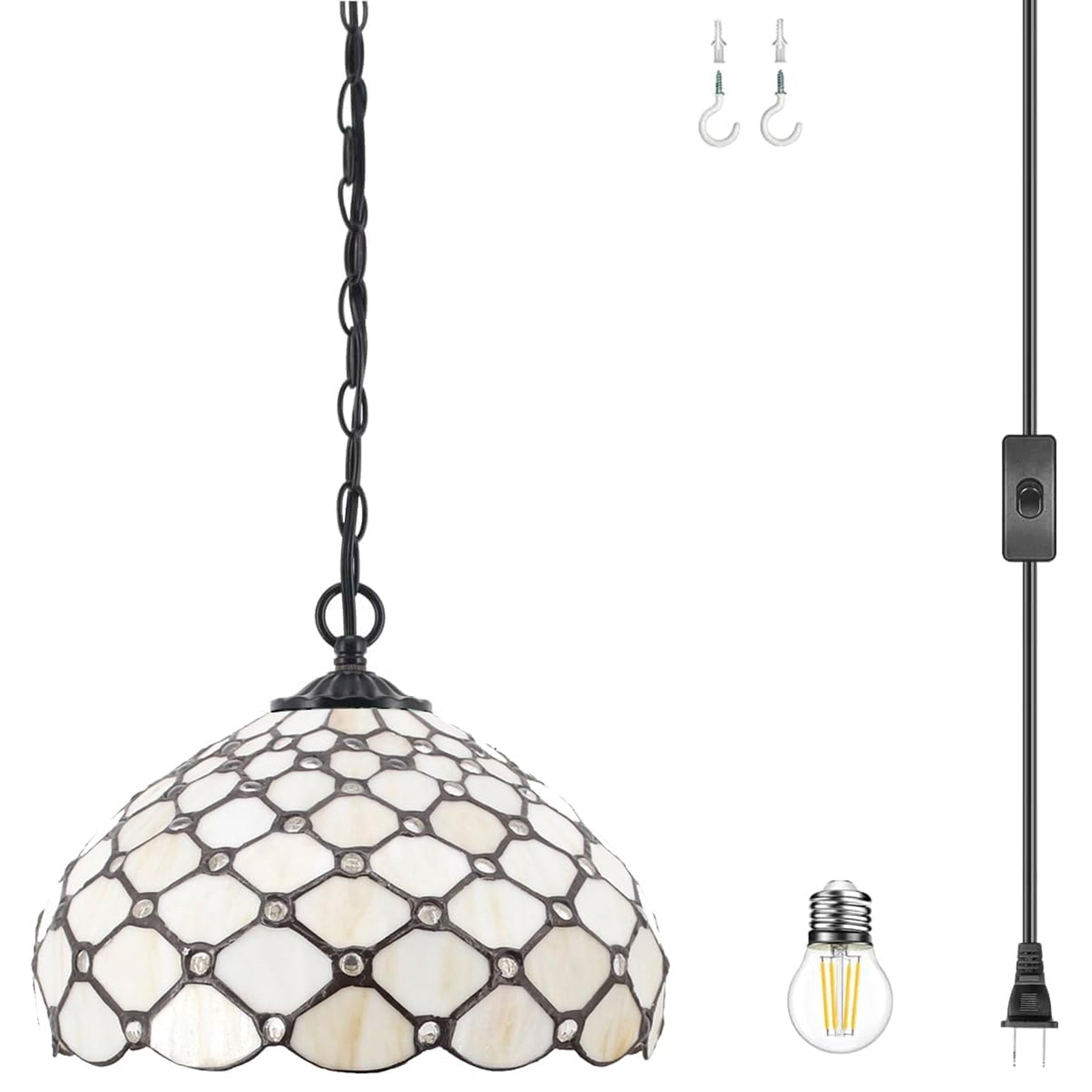 Werfactory® Tiffany Pendant Lamp Cream Amber Bead Stained Glass 12 Inch Hanging Light Fixture Bedroom Entryway Home Office S005 Series