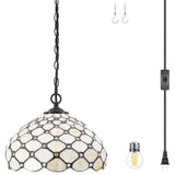 WerfactoryÂŽ Tiffany Pendant Lamp Cream Amber Bead Stained Glass 12 Inch Hanging Light Fixture Bedroom Entryway Home Office S005 Series
