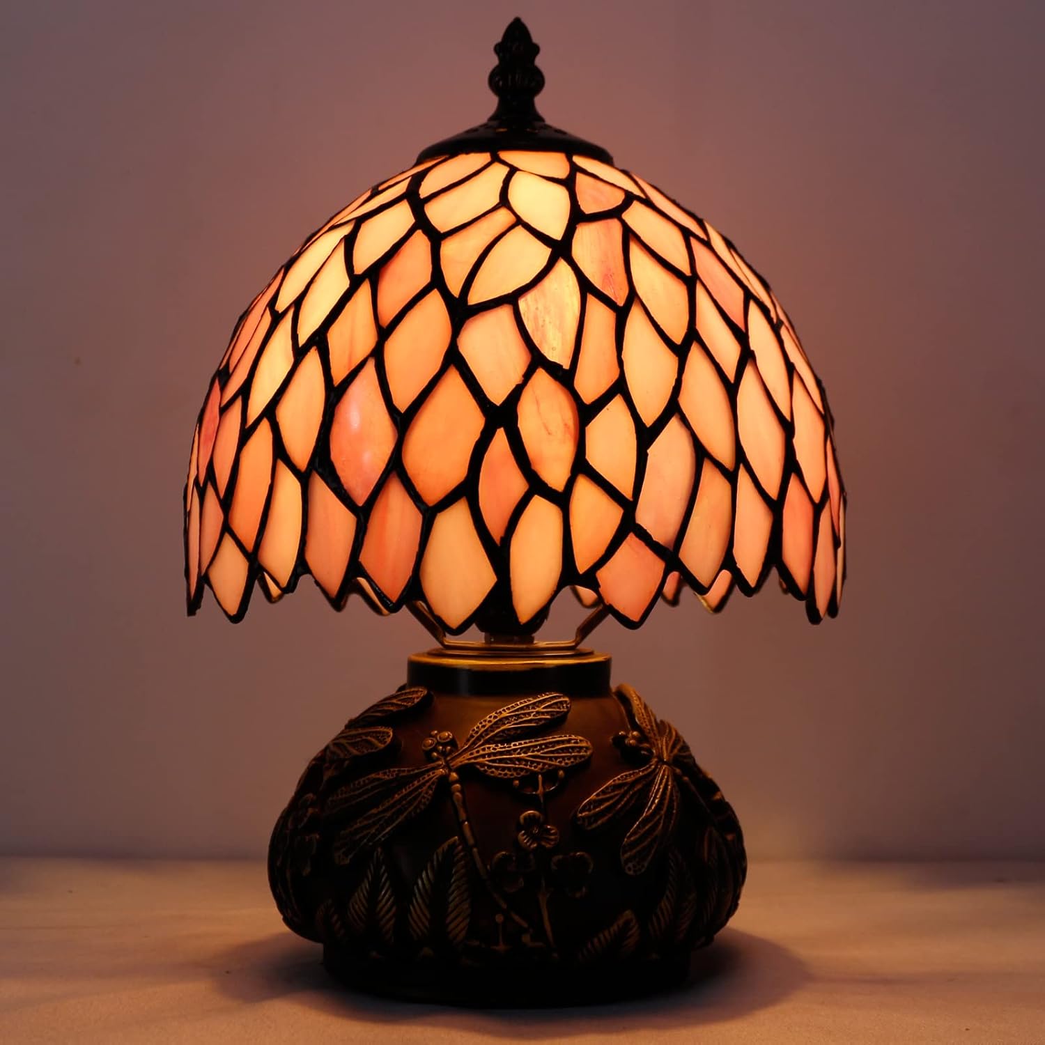 WERFACTORY Desk Pink Small Tiffany Lamp Wisteria Style Stained Glass Mushroom Table Lamp Bronze Mini Accent Lamp