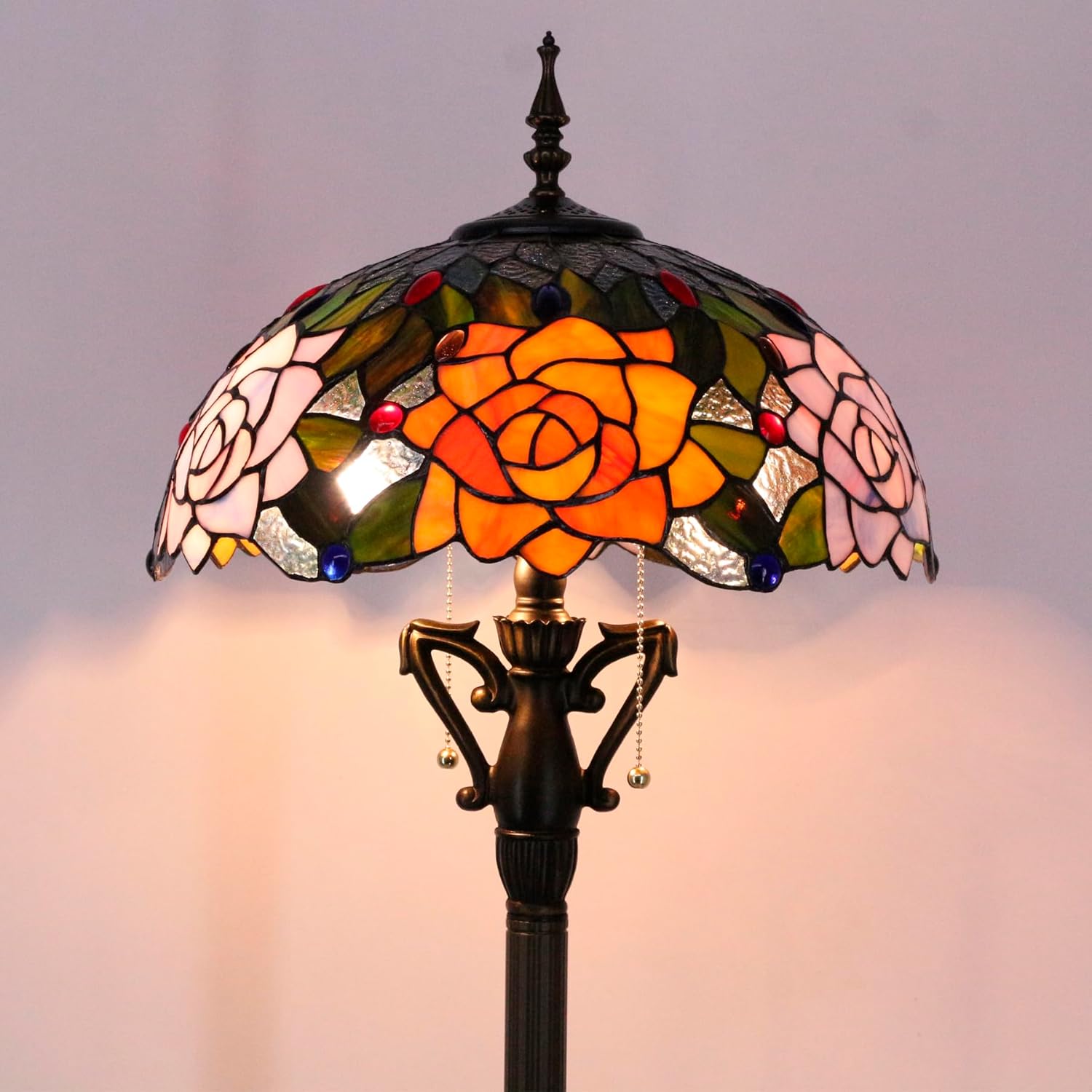 16 Inch Tiffany Floor Lamp Green Stained Glass Yellow Purple Rose Style