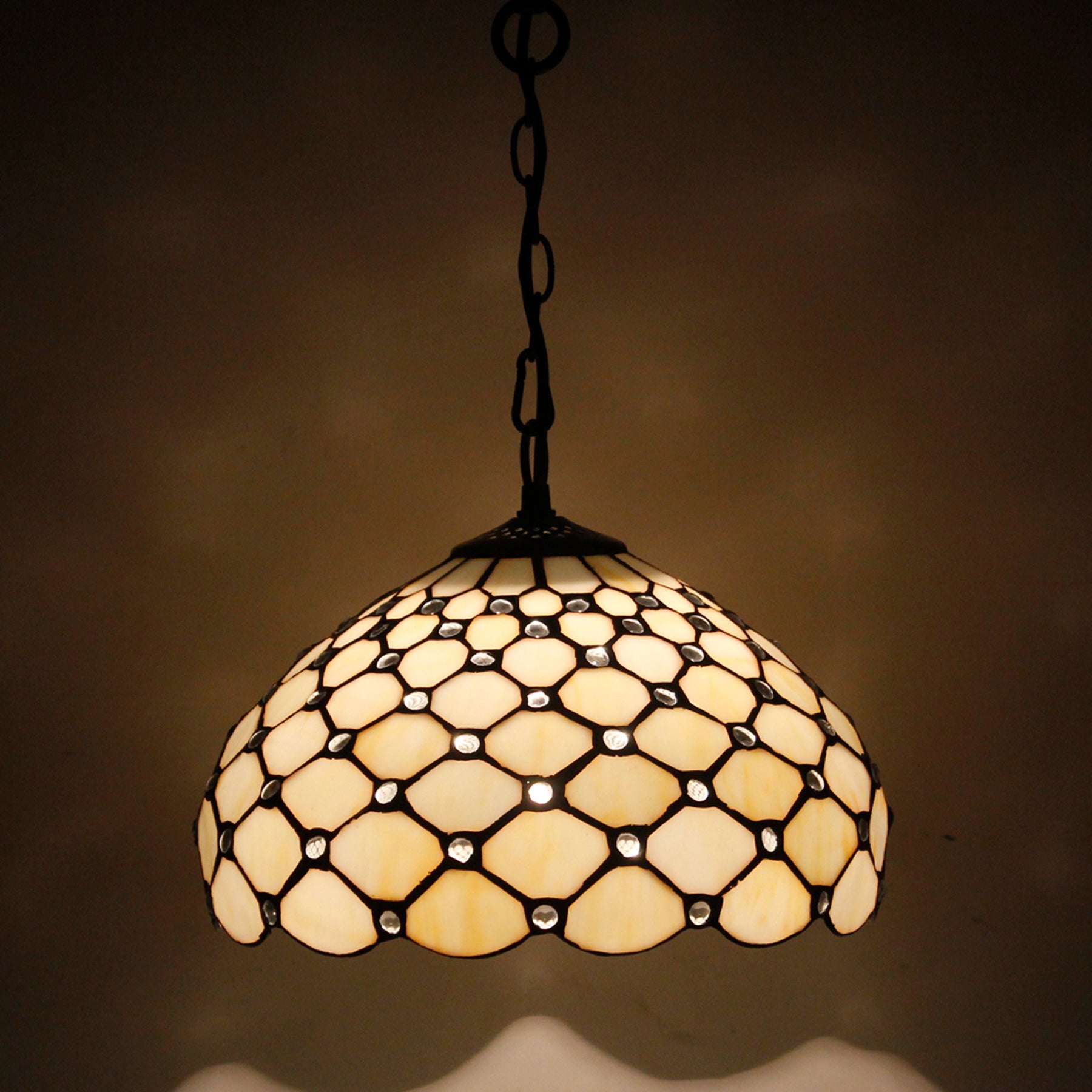 Werfactory® Tiffany Pendant Lamp Cream Amber Bead Stained Glass 12 Inch Hanging Light Fixture Bedroom Entryway Home Office S005 Series