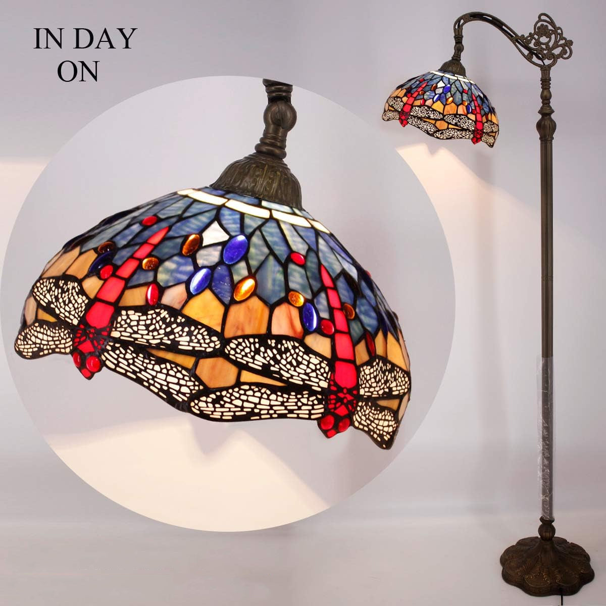Tiffany Floor Reading Lamp Werfactory® Blue Brown Stained Glass Dragonfly Arched Lamp
