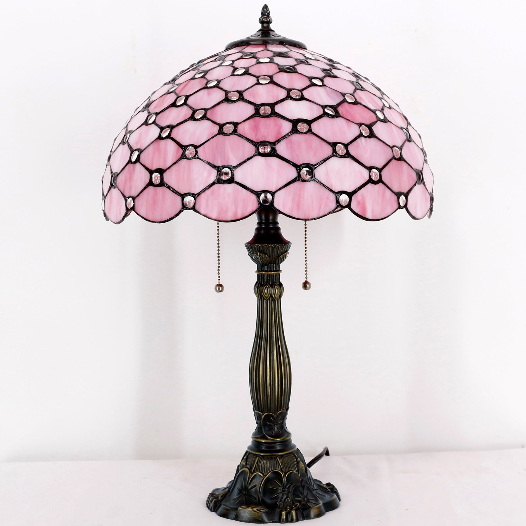 WERFACTORY Tiffany Table Lamp Pink Stained Glass Crystal Bead  Desk Reading Light