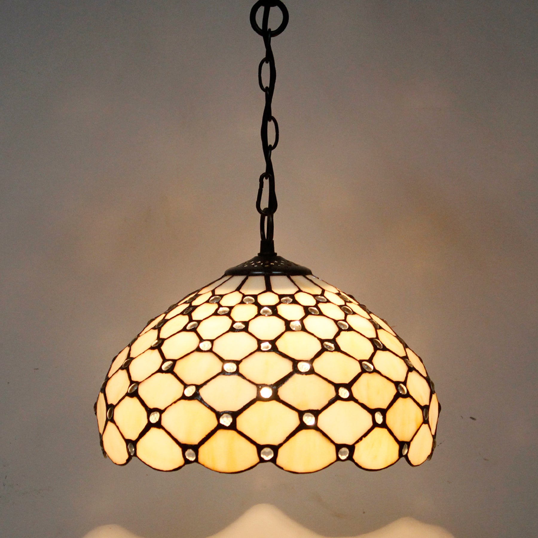 Werfactory® Tiffany Pendant Lamp Cream Amber Bead Stained Glass 12 Inch Hanging Light Fixture Bedroom Entryway Home Office S005 Series