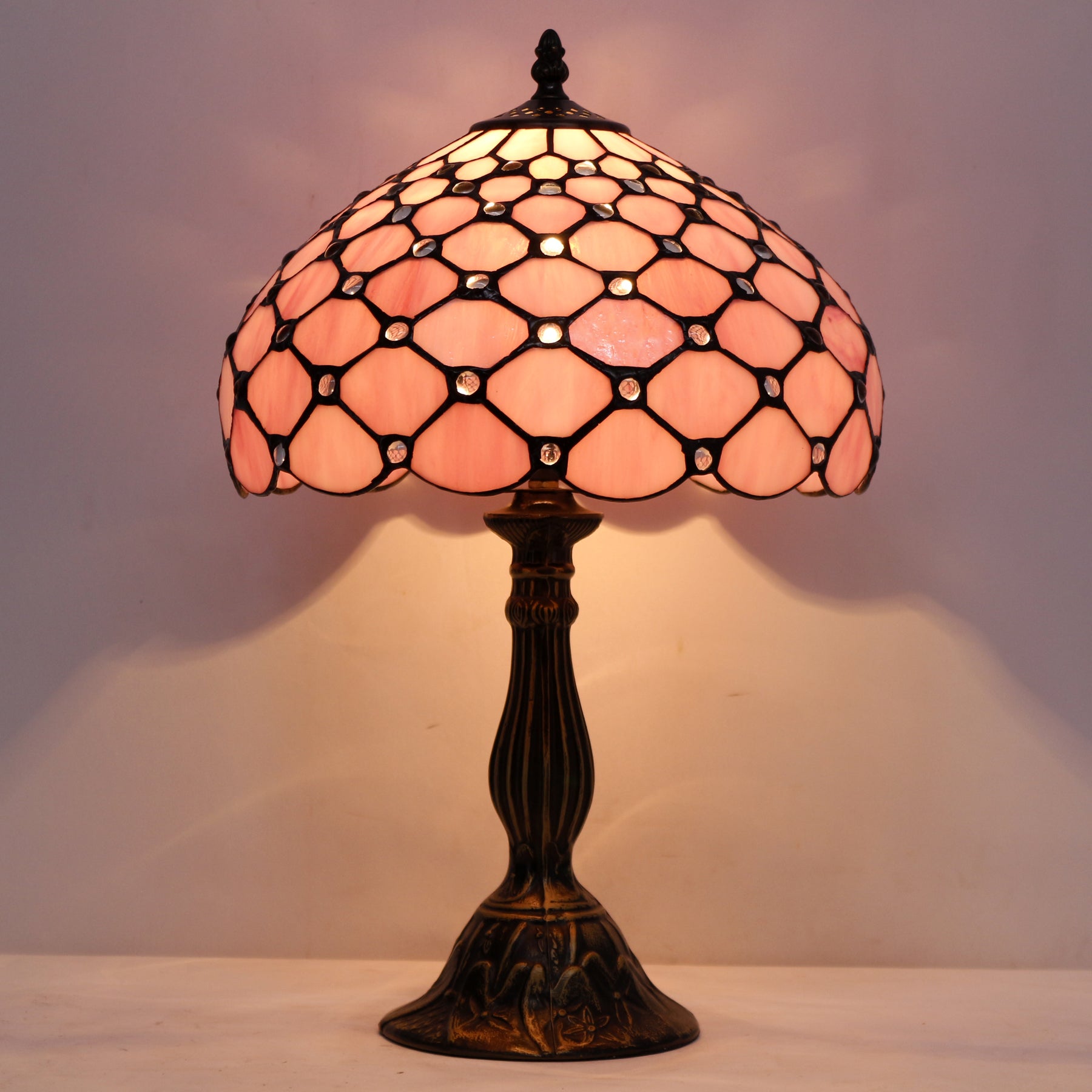 WERFACTORY®Tiffany Lamp Pink Stained Glass Bead 12 Inch Table Lamp Desk Reading Light