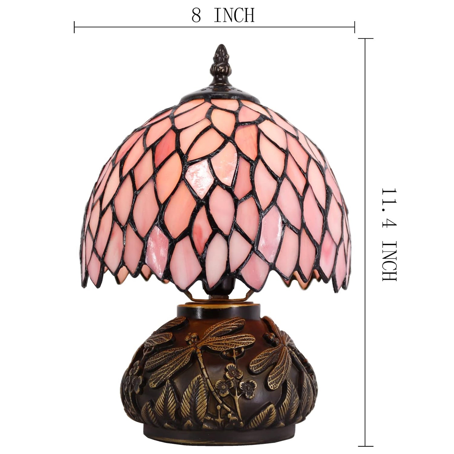 WERFACTORY Desk Pink Small Tiffany Lamp Wisteria Style Stained Glass Mushroom Table Lamp Bronze Mini Accent Lamp