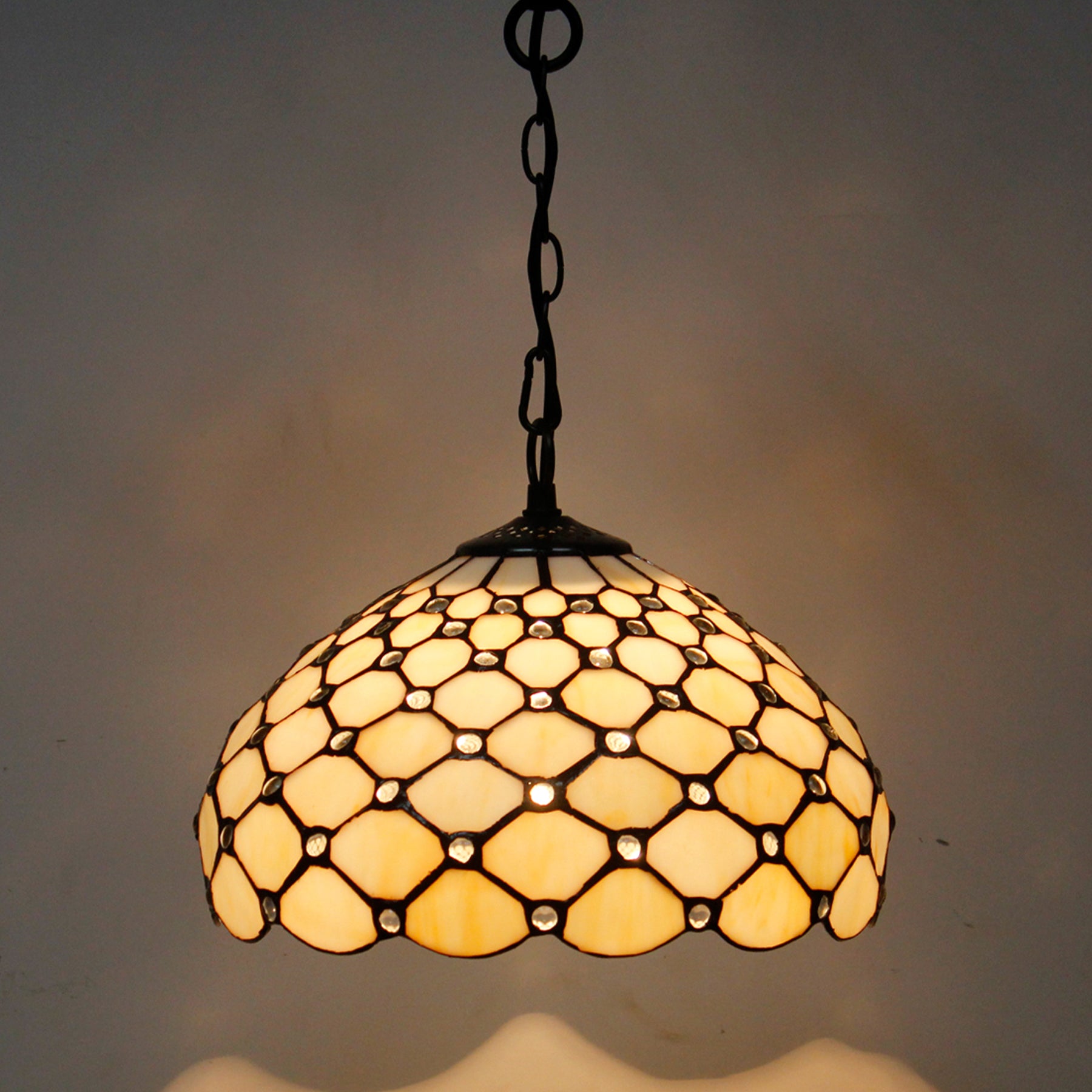 Werfactory® Tiffany Pendant Lamp Cream Amber Bead Stained Glass 12 Inch Hanging Light Fixture Bedroom Entryway Home Office S005 Series