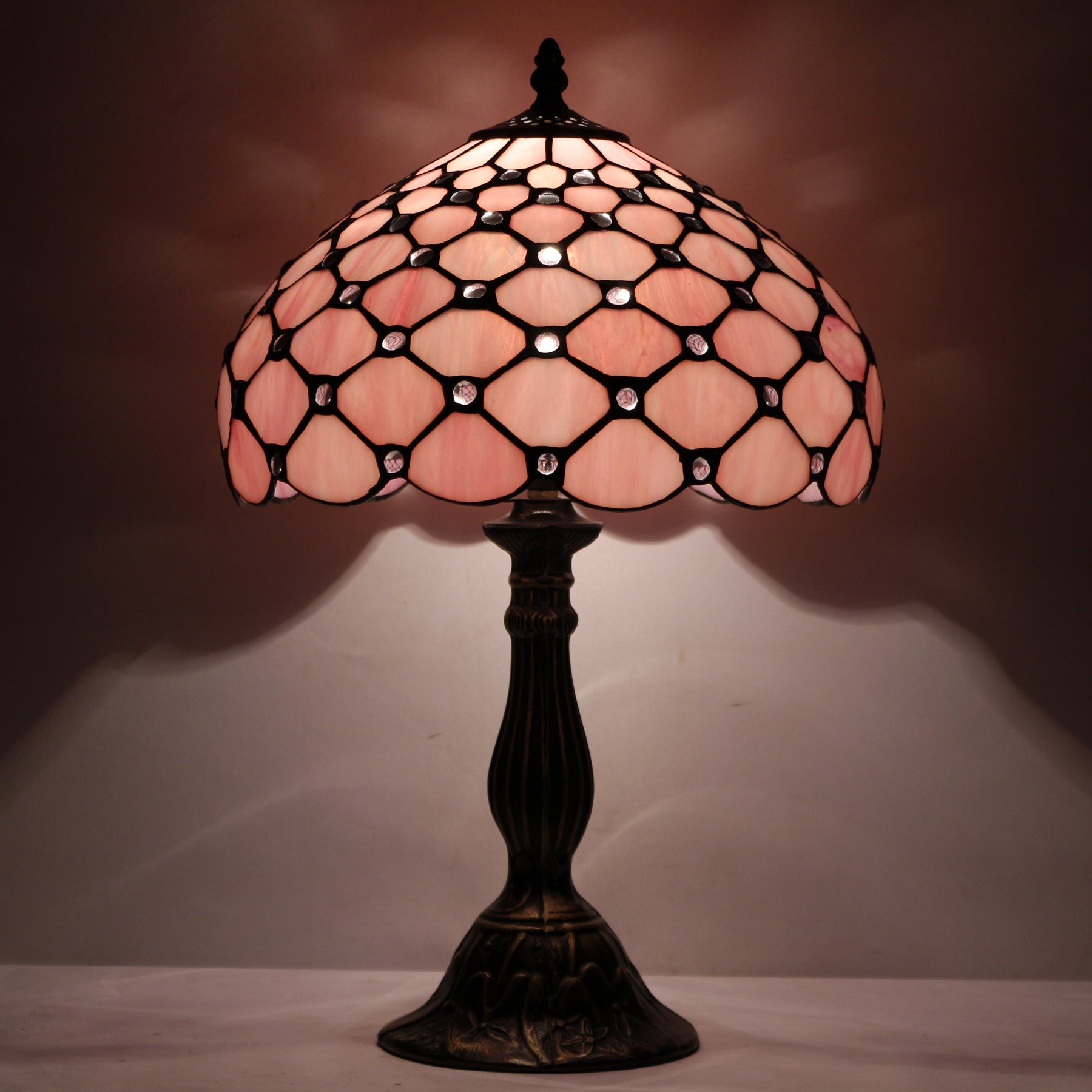 WERFACTORY®Tiffany Lamp Pink Stained Glass Bead 12 Inch Table Lamp Desk Reading Light