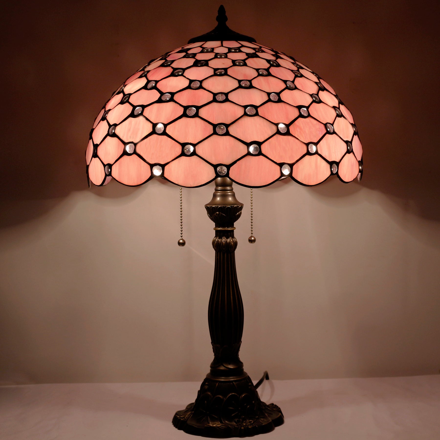 WERFACTORY Tiffany Table Lamp Pink Stained Glass Crystal Bead  Desk Reading Light