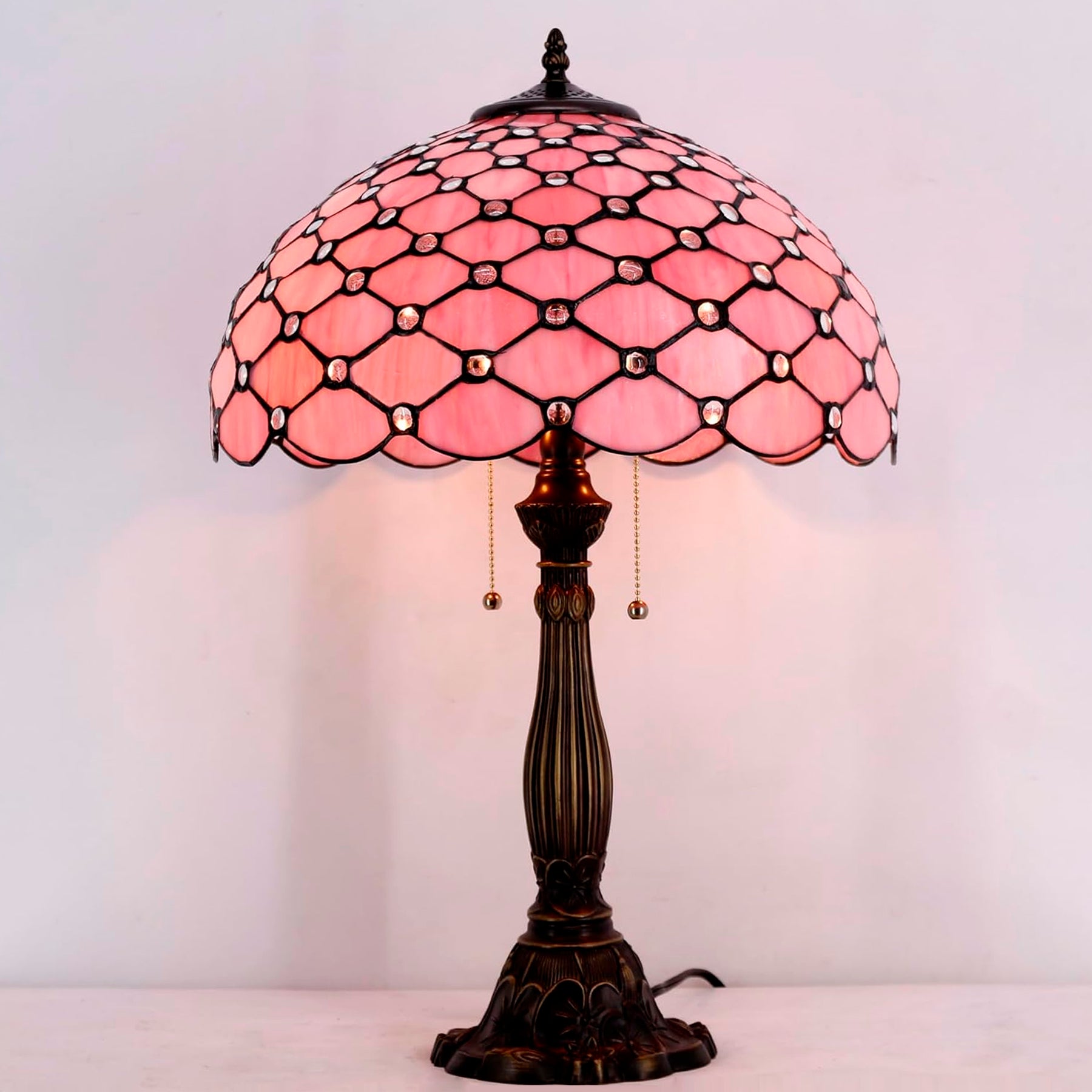WERFACTORY Tiffany Table Lamp Pink Stained Glass Crystal Bead  Desk Reading Light