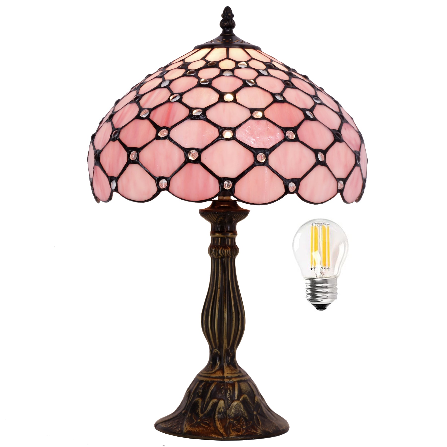 WERFACTORY®Tiffany Lamp Pink Stained Glass Bead 12 Inch Table Lamp Desk Reading Light