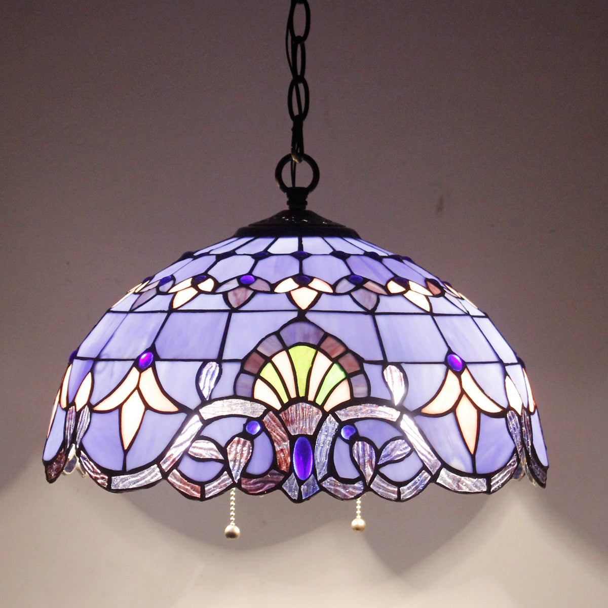 Tiffany Hanging Light Werfactory® Pendant Lamp Fixture Blue Purple Baroque Stained Glass 16 Inch