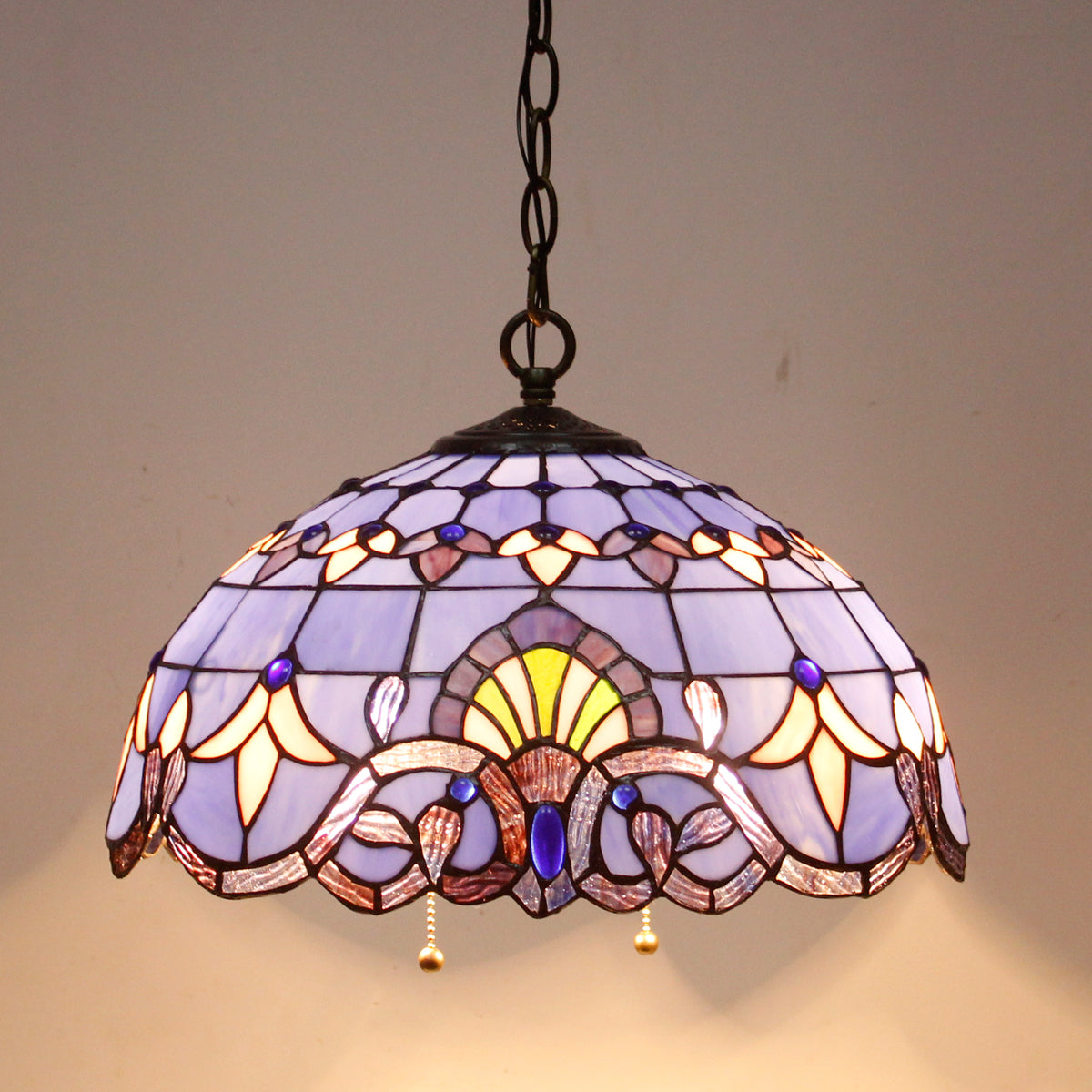 Tiffany Hanging Light Werfactory® Pendant Lamp Fixture Blue Purple Baroque Stained Glass 16 Inch