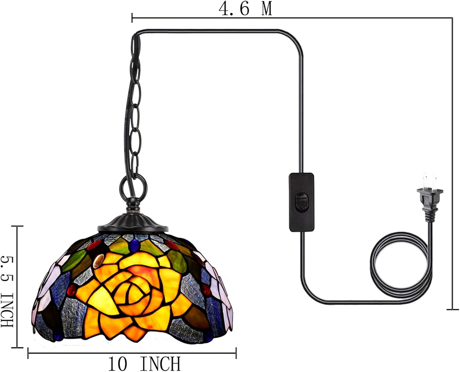 10 inch Tiffany Pendant Light Plug in Stained Glass Hanging Lamp