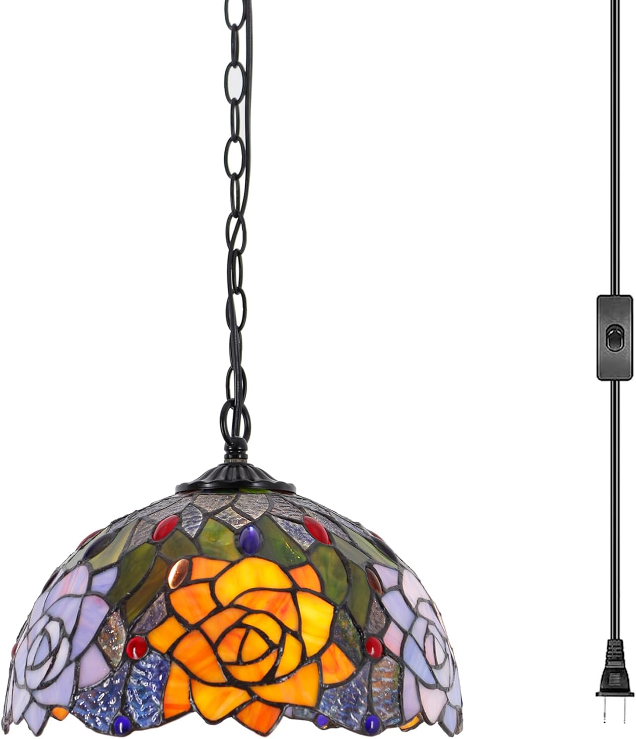12 Inch Tiffany Pendant Light Plug in  Orange Red Rose Flower Hanging Lamp