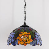 12 Inch Tiffany Pendant Light Plug in  Orange Red Rose Flower Hanging Lamp