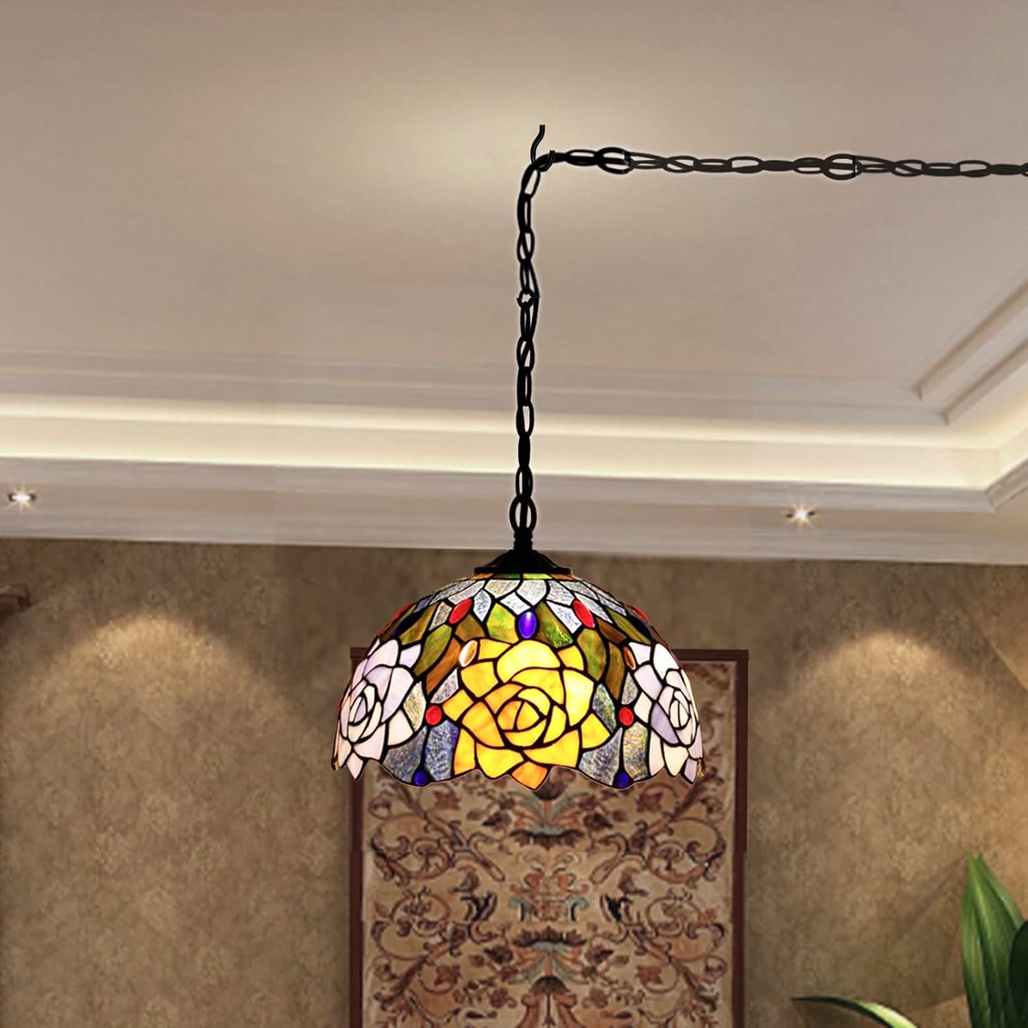 12 Inch Tiffany Pendant Light Plug in  Orange Red Rose Flower Hanging Lamp