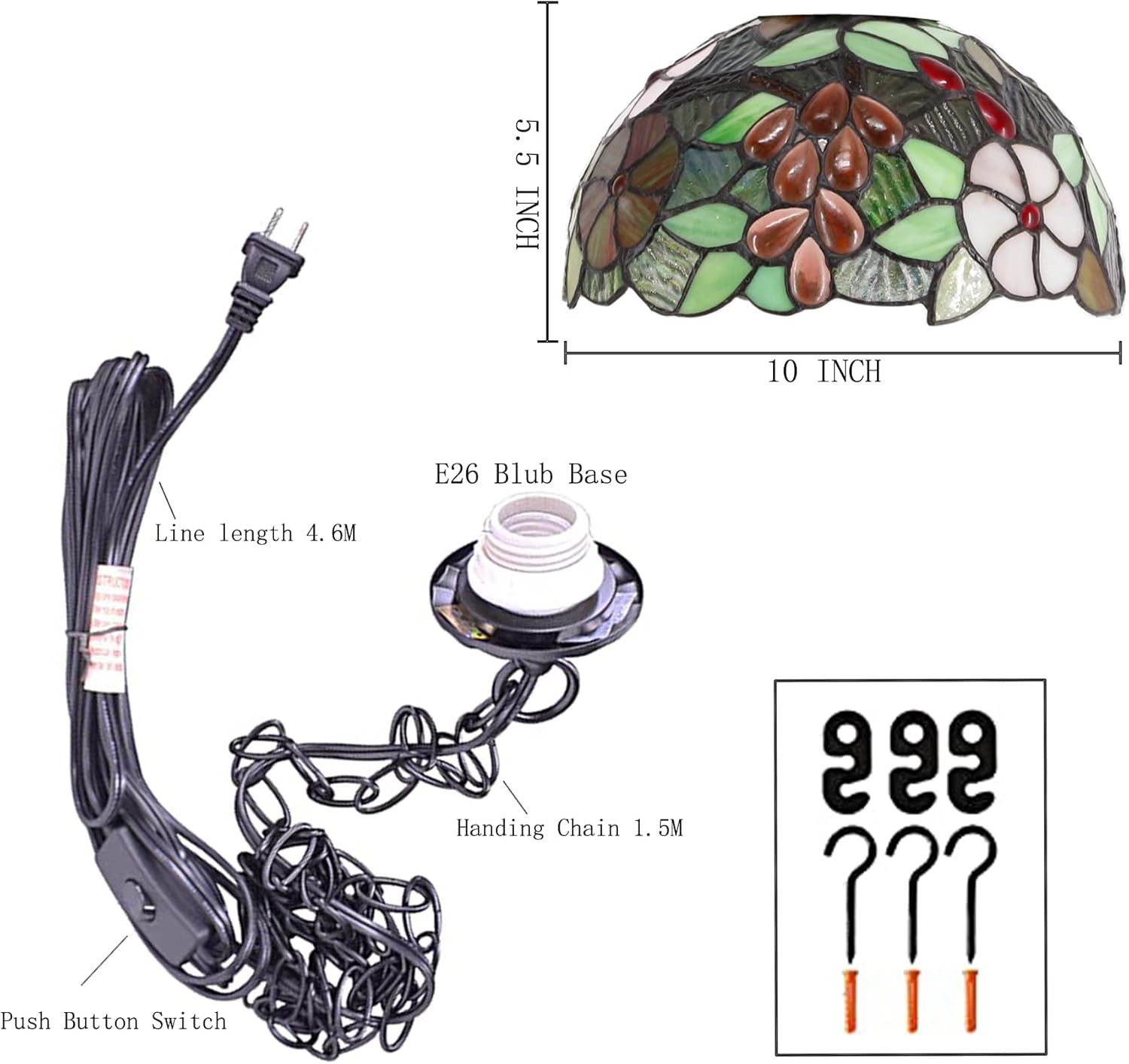 10 inch Tiffany Pendant Light Plug in Stained Glass Lamp Green Purple Grape