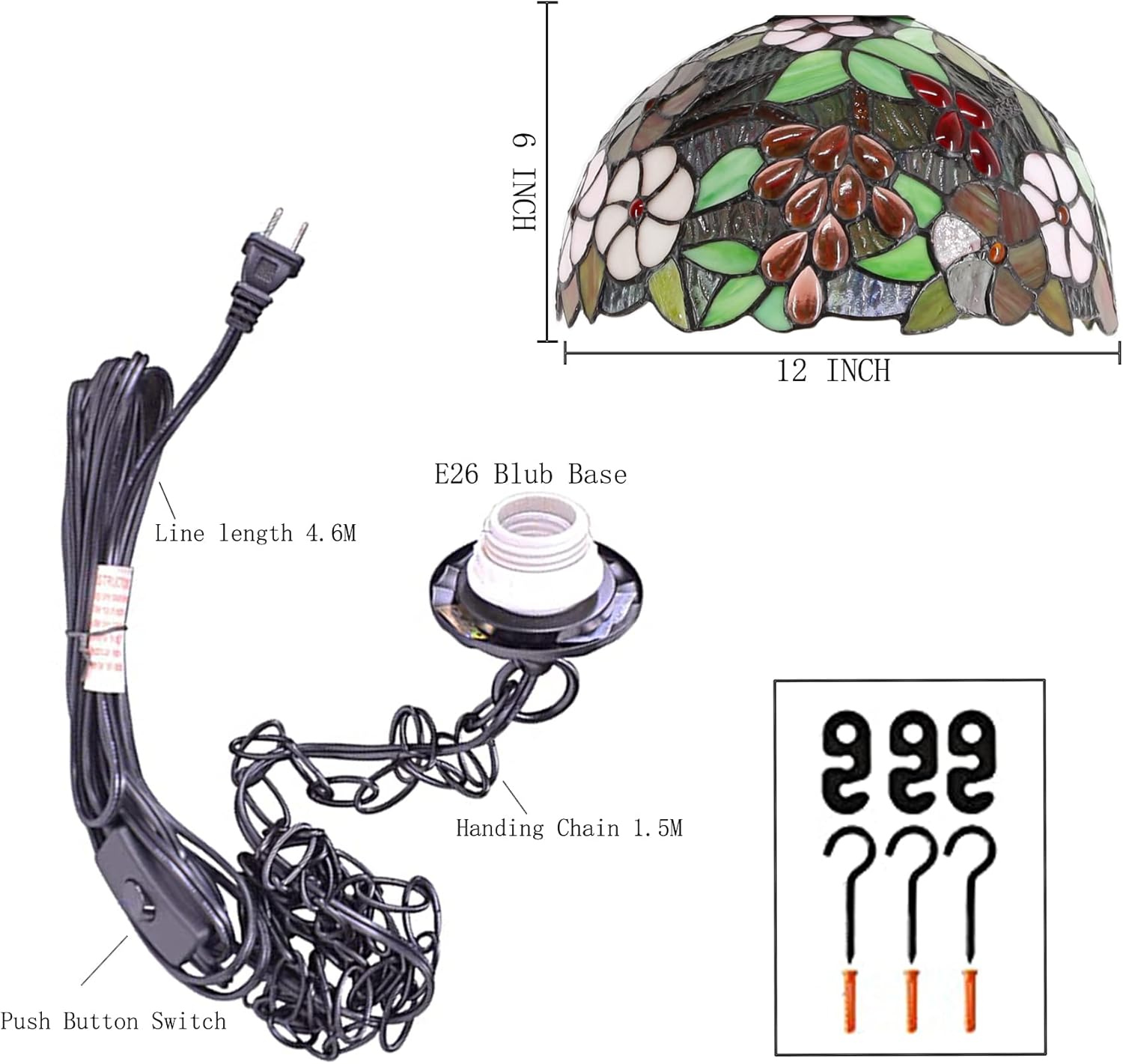 12 Inch Tiffany Pendant Light Plug in Green Purple Grape Stained Glass Hanging Lamp