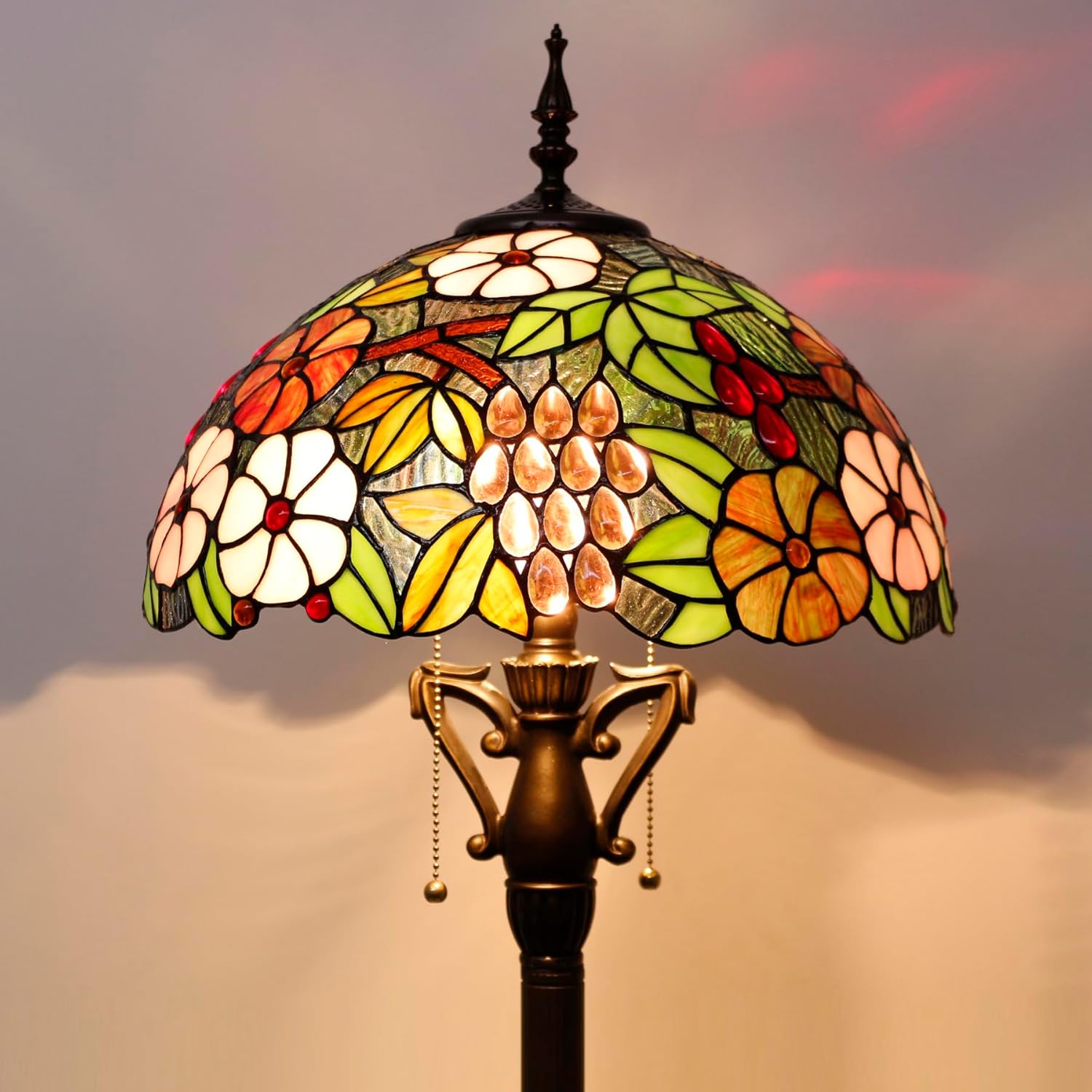 16 inch Tiffany Floor Lamp Green Purple Grape Stained Glass Standing Light
