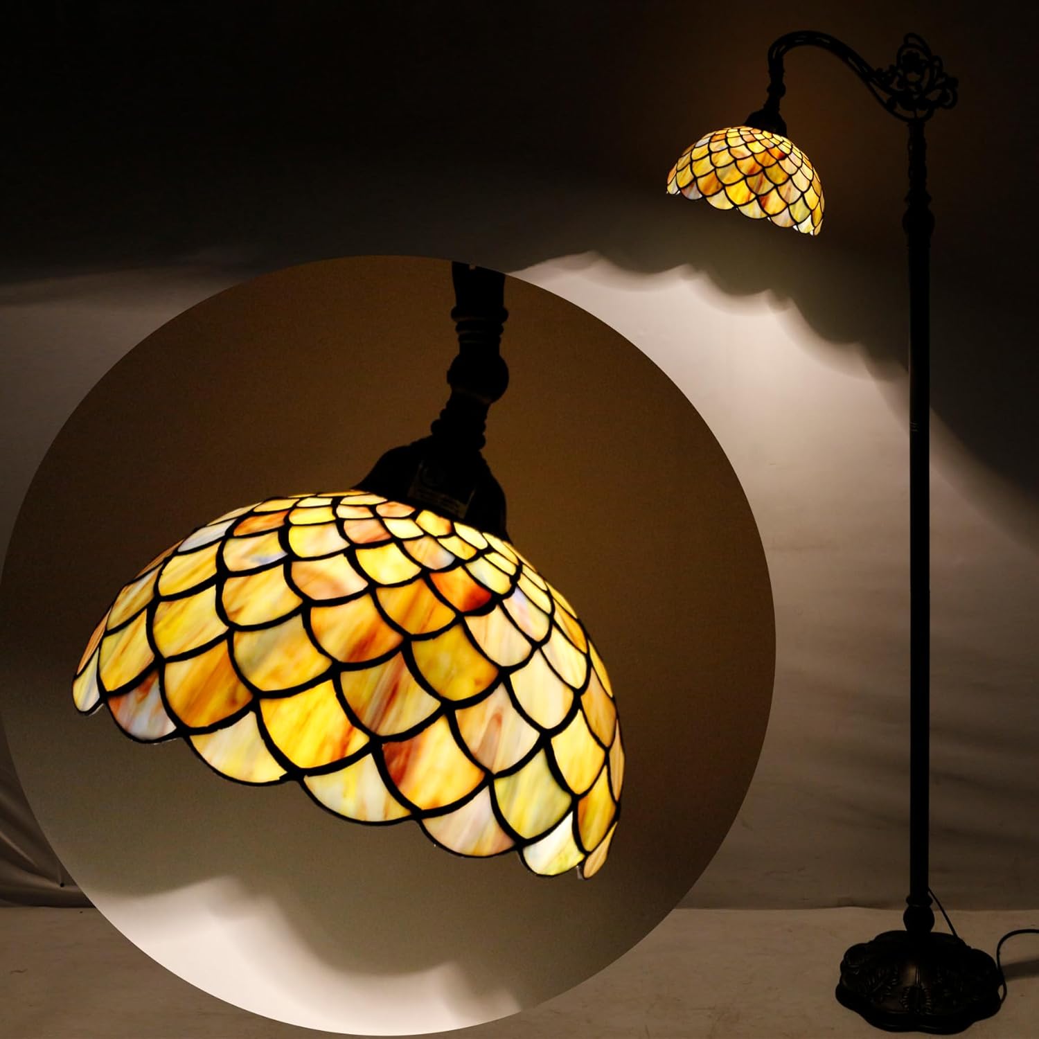 Tiffany Floor Lamp Stained Glass Reading Light Brown Fish Scales