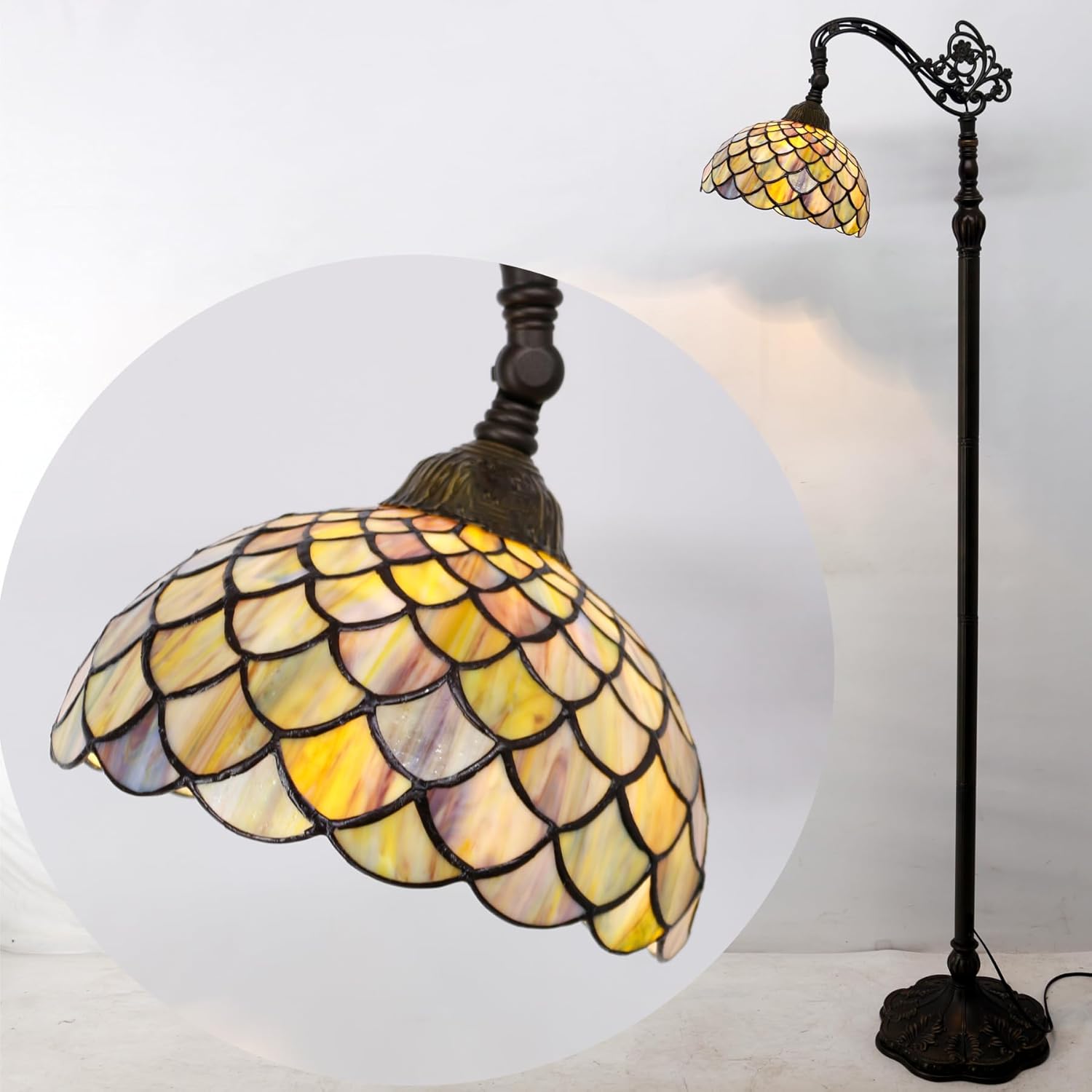 Tiffany Floor Lamp Stained Glass Reading Light Brown Fish Scales