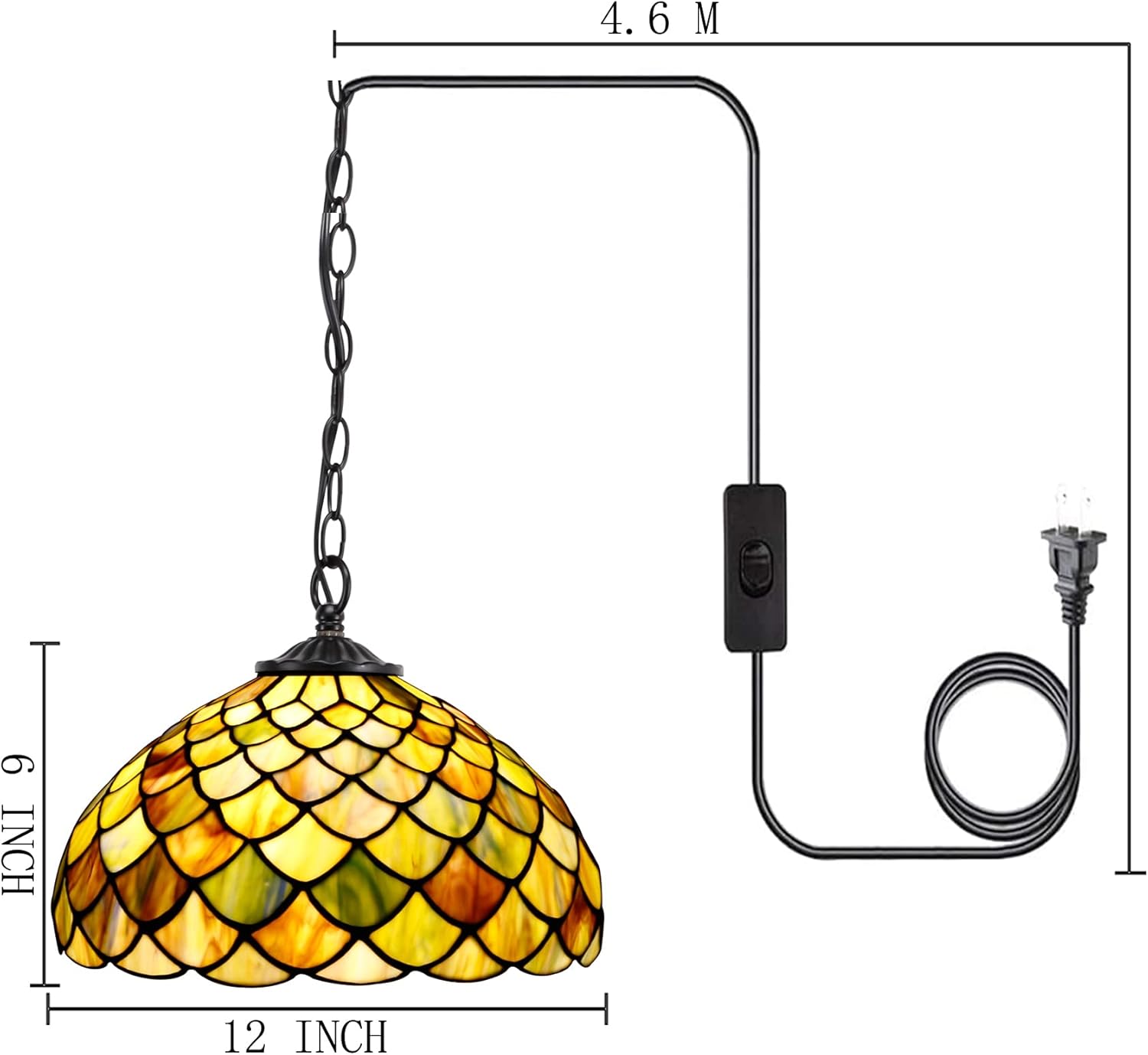 12 Inch Tiffany Pendant Light Plug in Brown Fish Scales Hanging Lamp