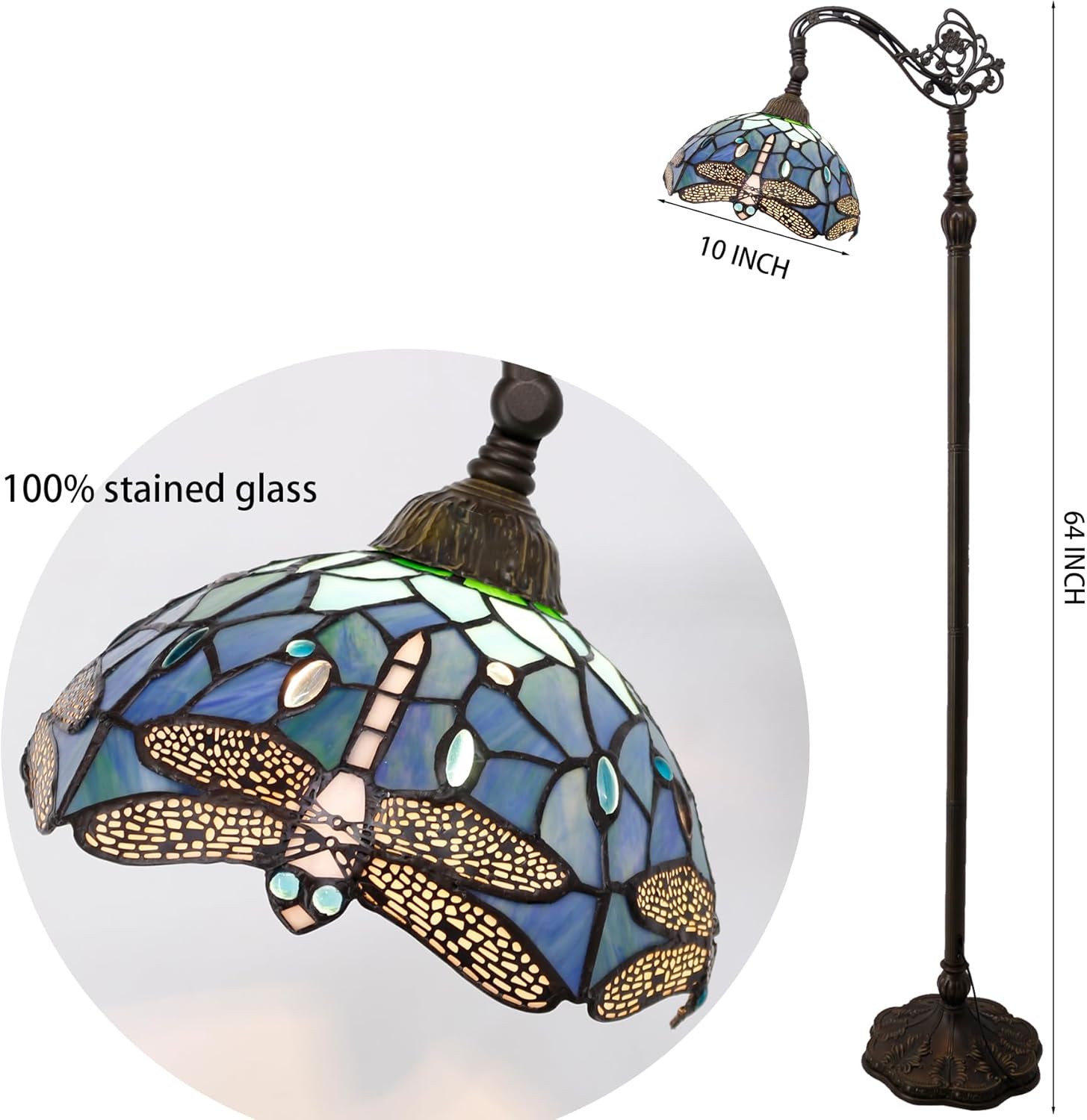 16 Inch Tiffany Floor Lamp Stained Glass Sea Blue Dragonfly Arched Reading Light