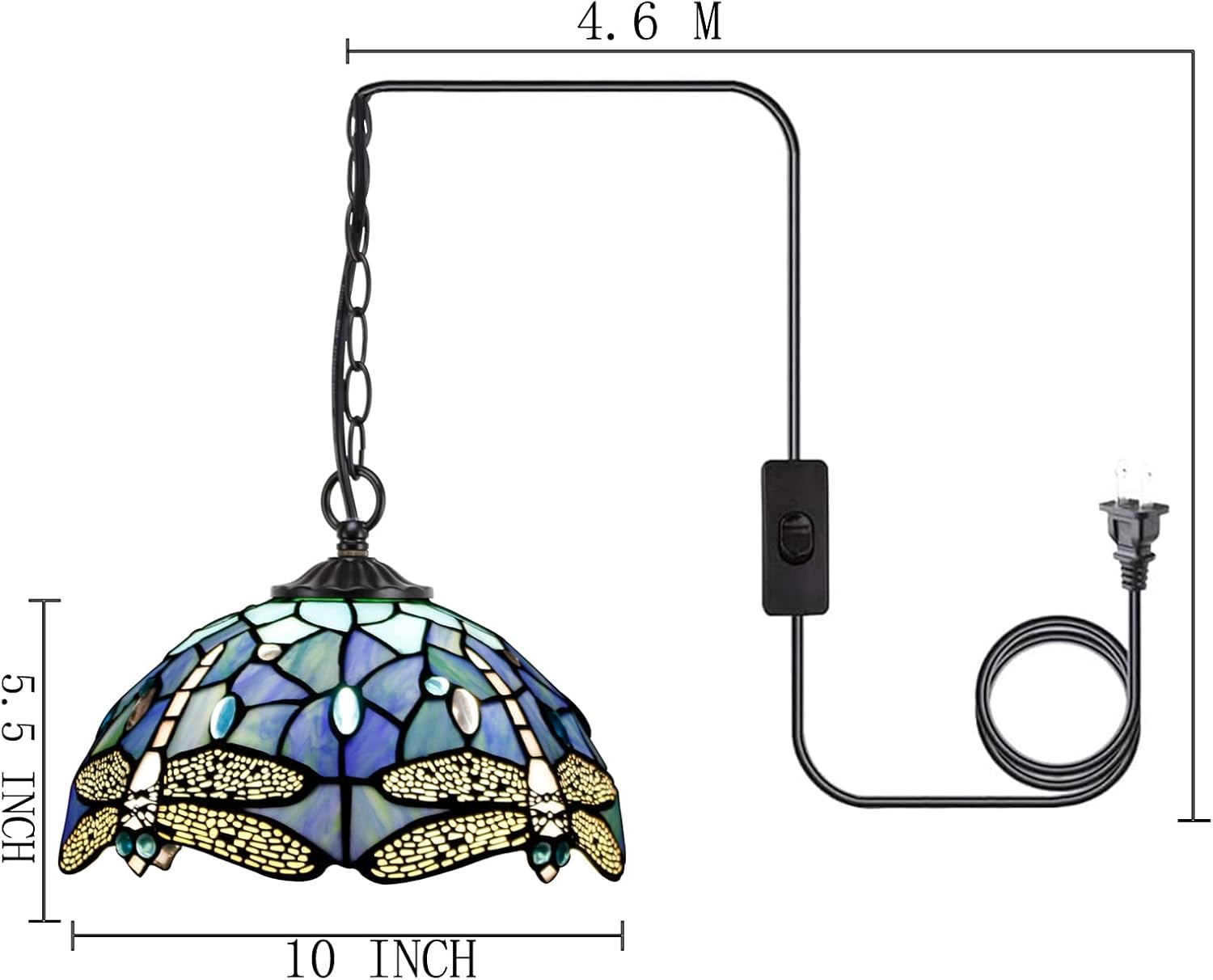 10 inch Tiffany Pendant Light Plug in Hanging Lamp Sea Blue Dragonfly