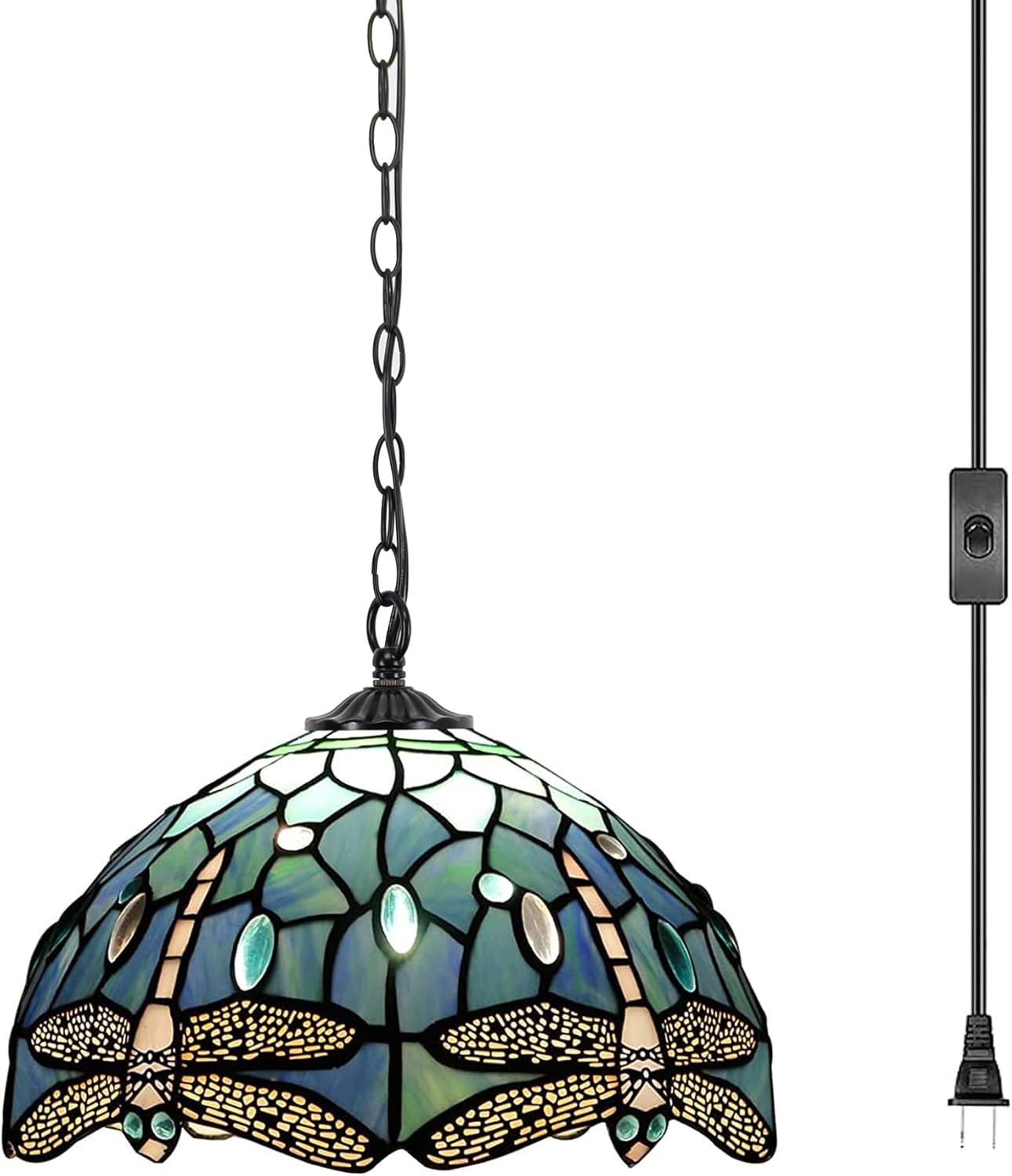 12 Inch Tiffany Pendant Light Stained Glass Hanging Lamp Blue Dragonfly