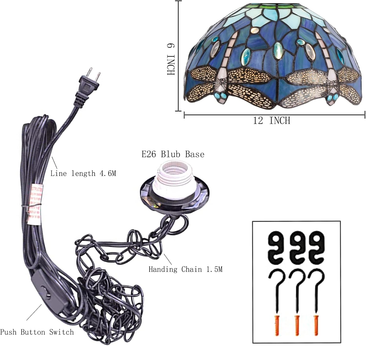 12 Inch Tiffany Pendant Light Stained Glass Hanging Lamp Blue Dragonfly