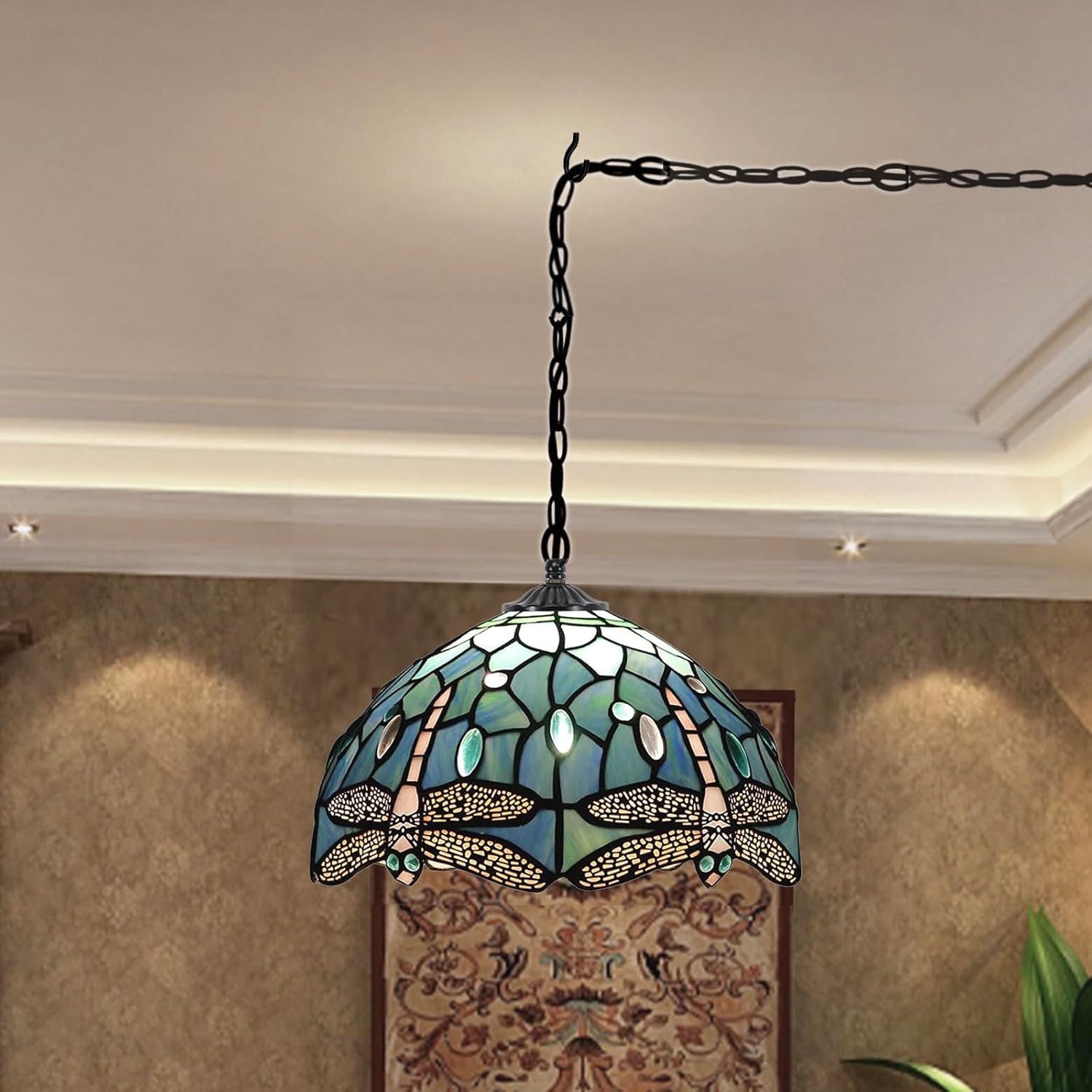 12 Inch Tiffany Pendant Light Stained Glass Hanging Lamp Blue Dragonfly