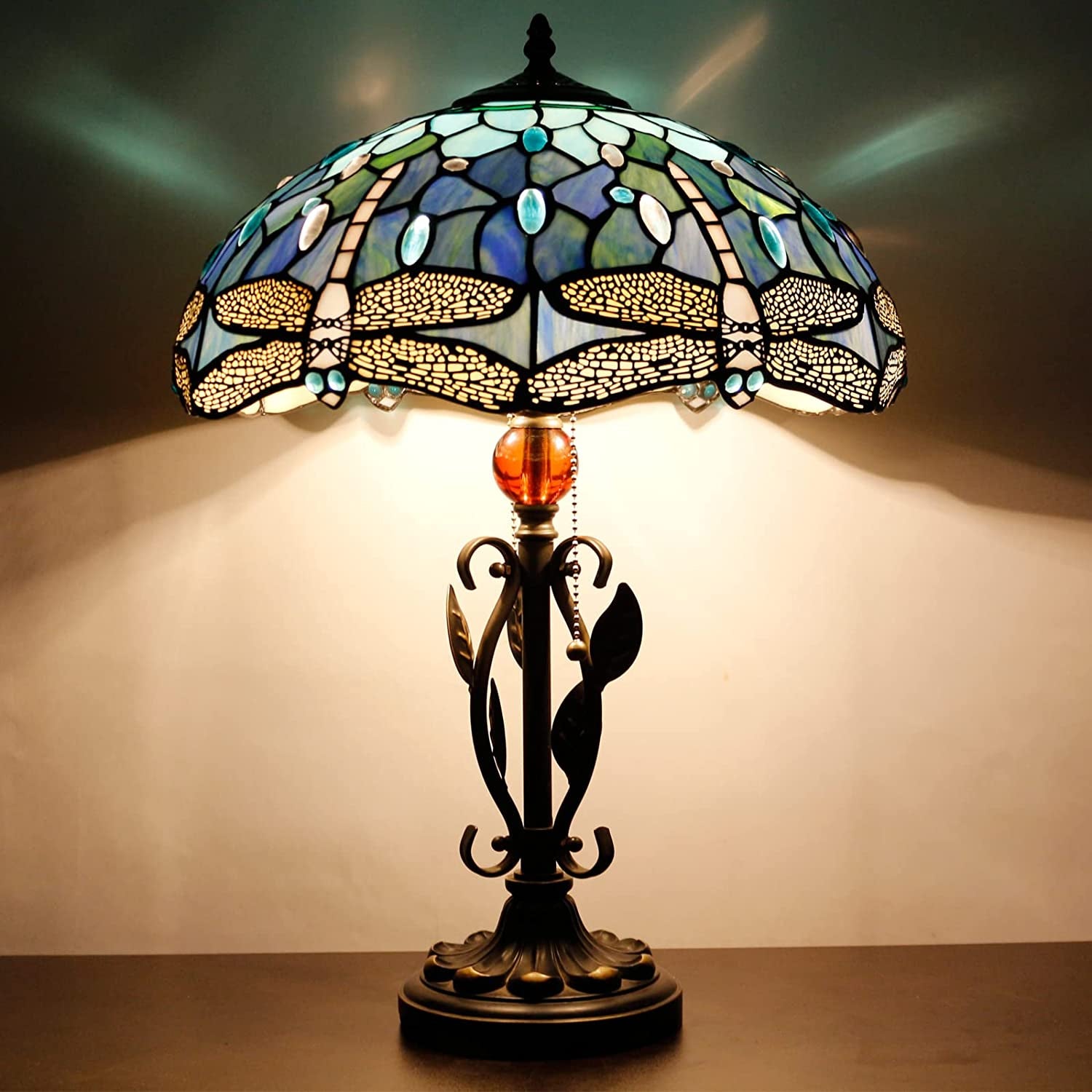 Werfactory® Tiffany Table Lamp Blue Stained Glass Dragonfly Desk Light 16Inch
