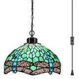 Werfactory® Tiffany Pendant Light 12 Inch Blue Stained Glass Dragonfly Hanging Lamp