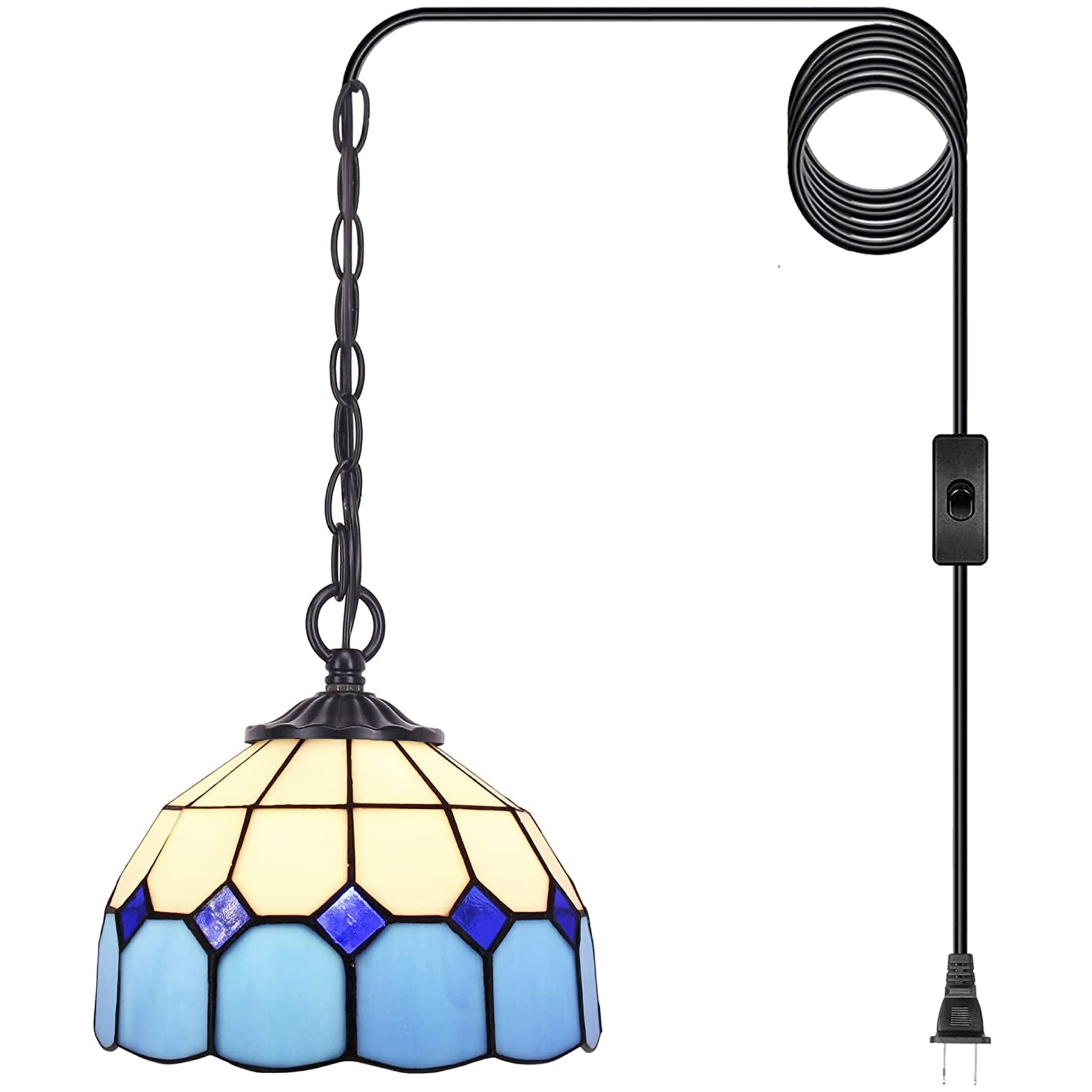 Tiffany Pendant Light with 8 Inch Blue Stained Glass Style Shade Hanging Lamp