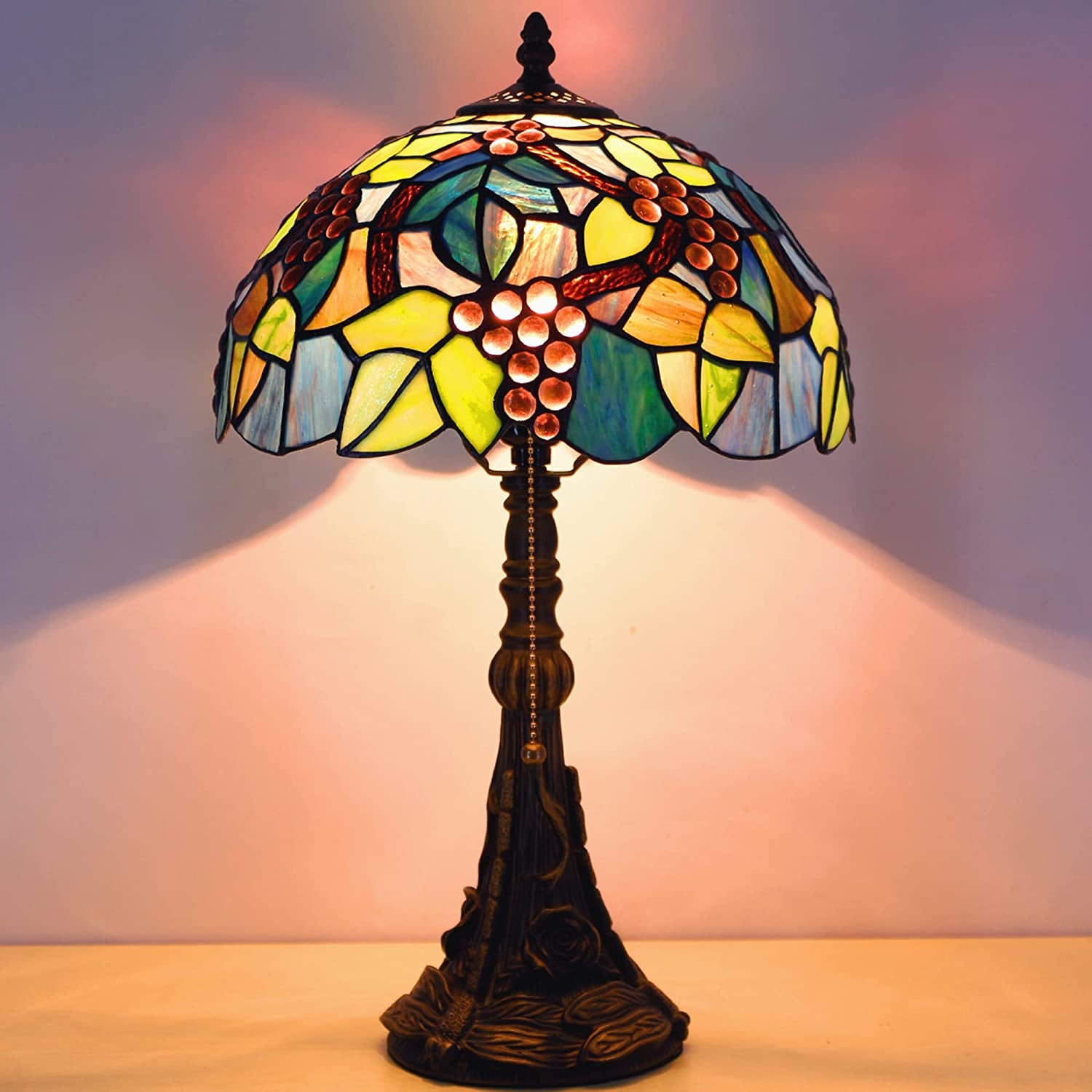 Werfactory® Tiffany Table Lamp 19 Inch High Green Stained Glass Grapes Style Reading Lamp