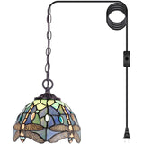 Werfactory® Tiffany Pendant Light Green Stained Glass Dragonfly Style Shade Hanging Lamp