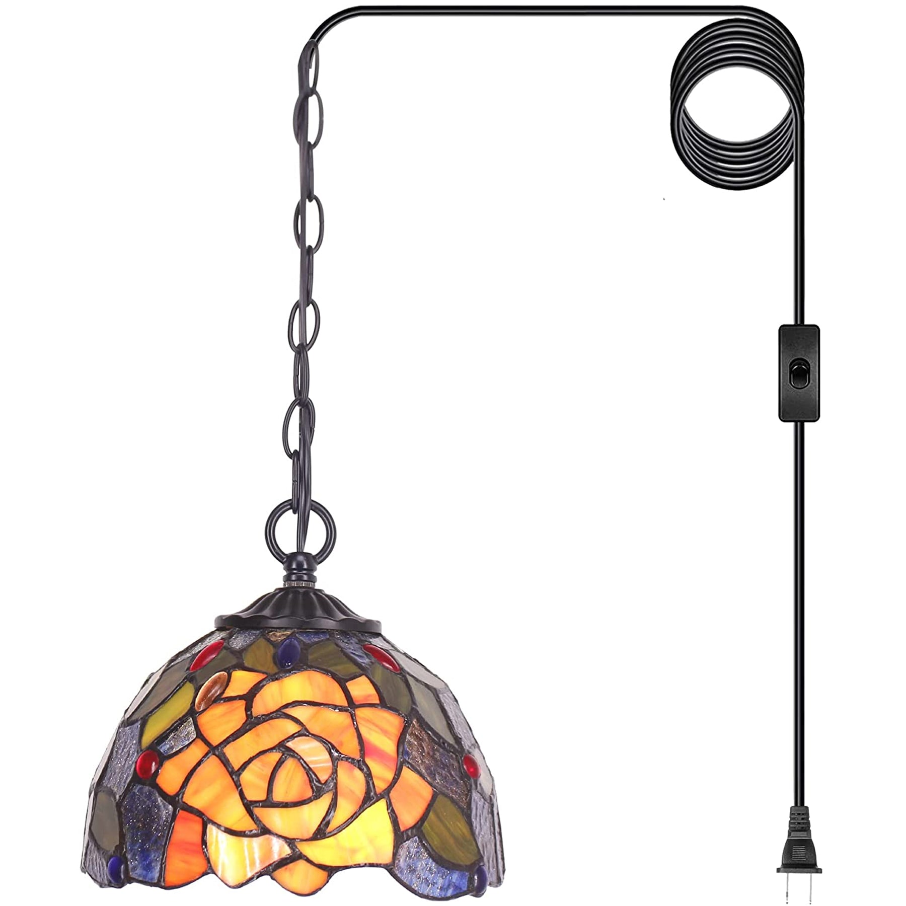 Werfactory Tiffany Pendant Light with W8H7 Inch Stained Glass Rose Shade Hanging Lamp