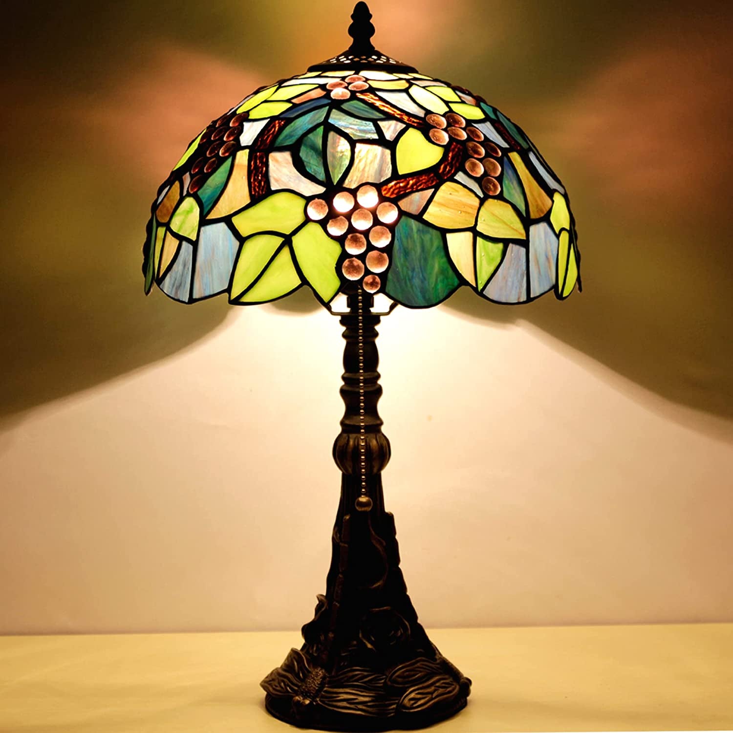 Werfactory® Tiffany Table Lamp Green Stained Glass Grapes Style Handmade Reading Lamp