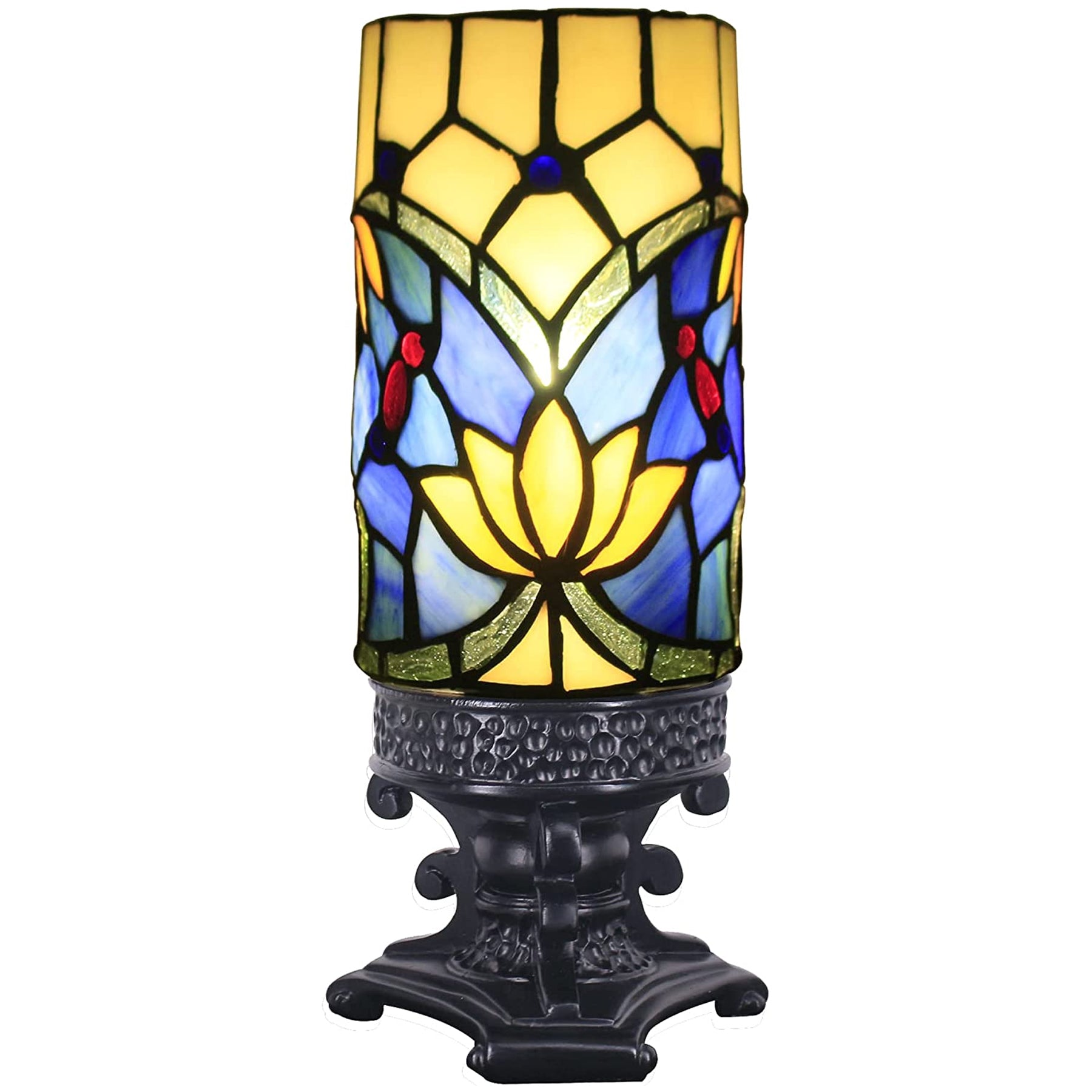 Werfactory® Small Tiffany Lamp Stained Glass Table Lamp Blue Lotus Candle Type Desk Lamp