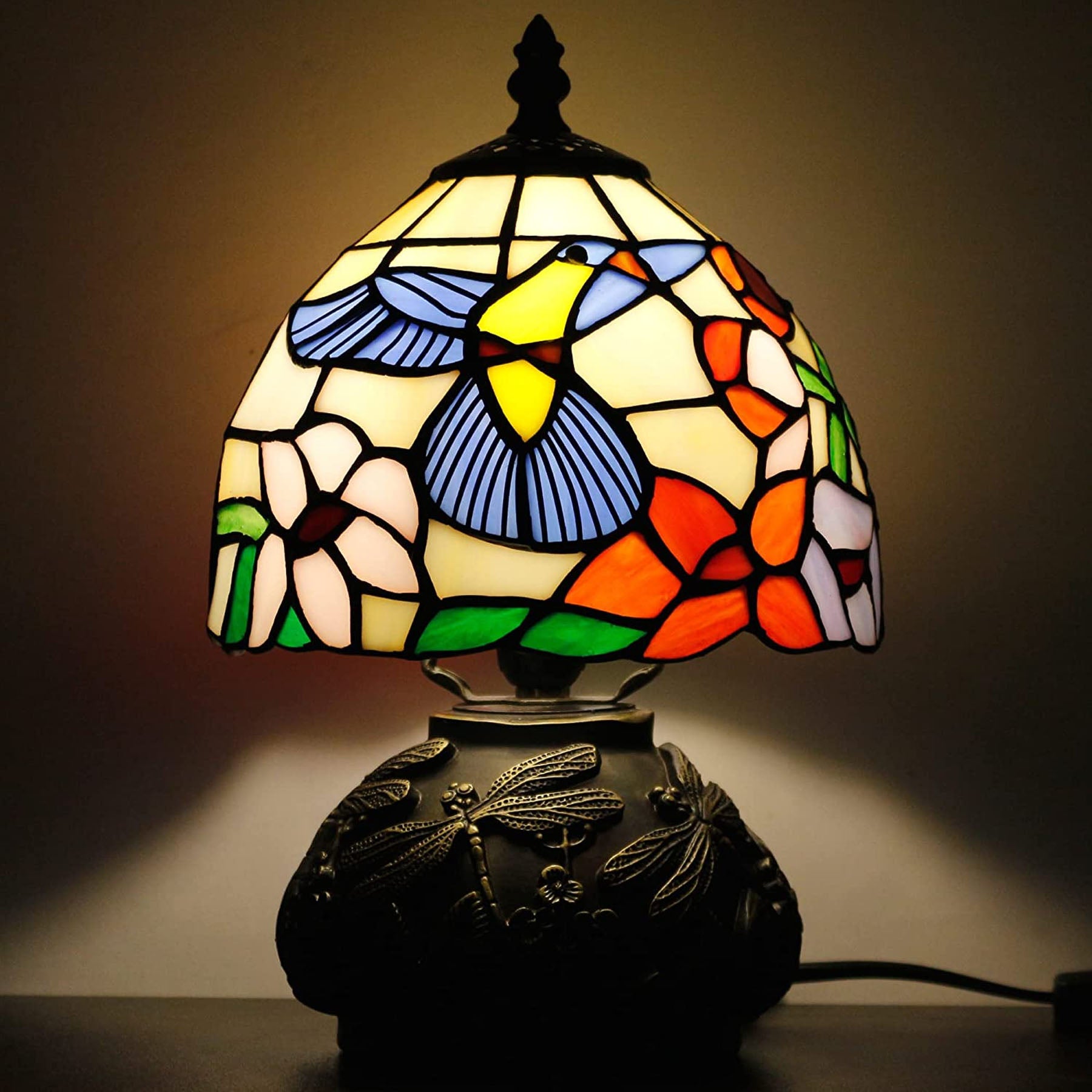 Werfactory® Small Tiffany Table Lamp Hummingbird Style Stained Glass Mushroom Lamp