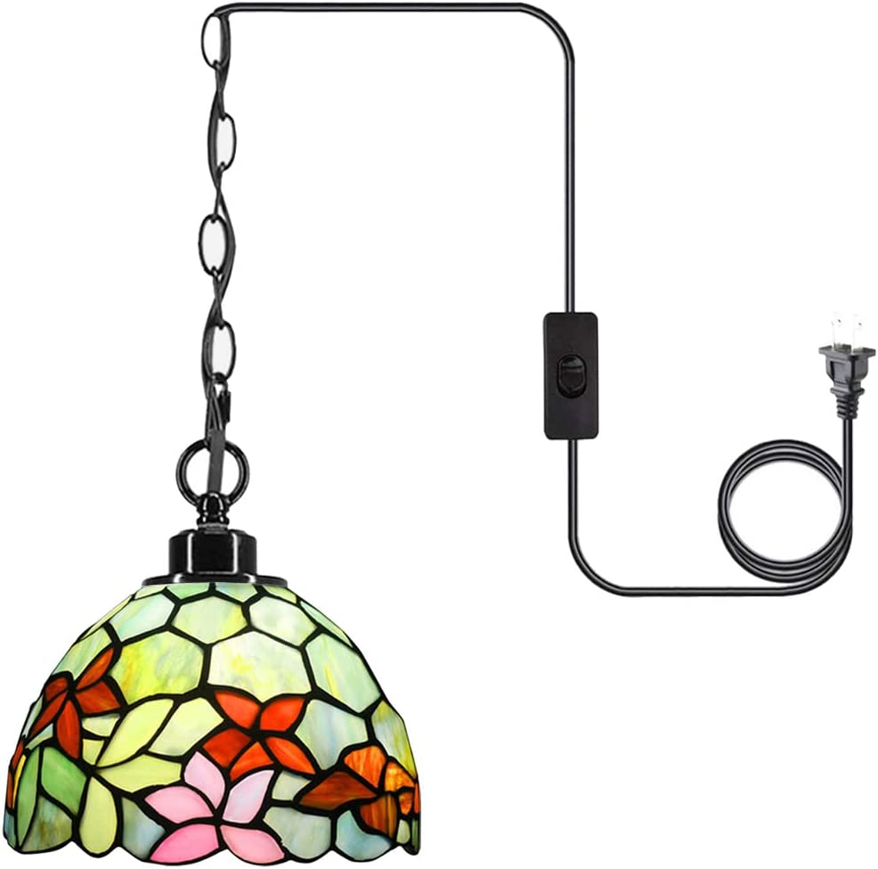 Werfactory® Small Tiffany Style Plug in Pendant Light Stained Glass Flower Chandelier