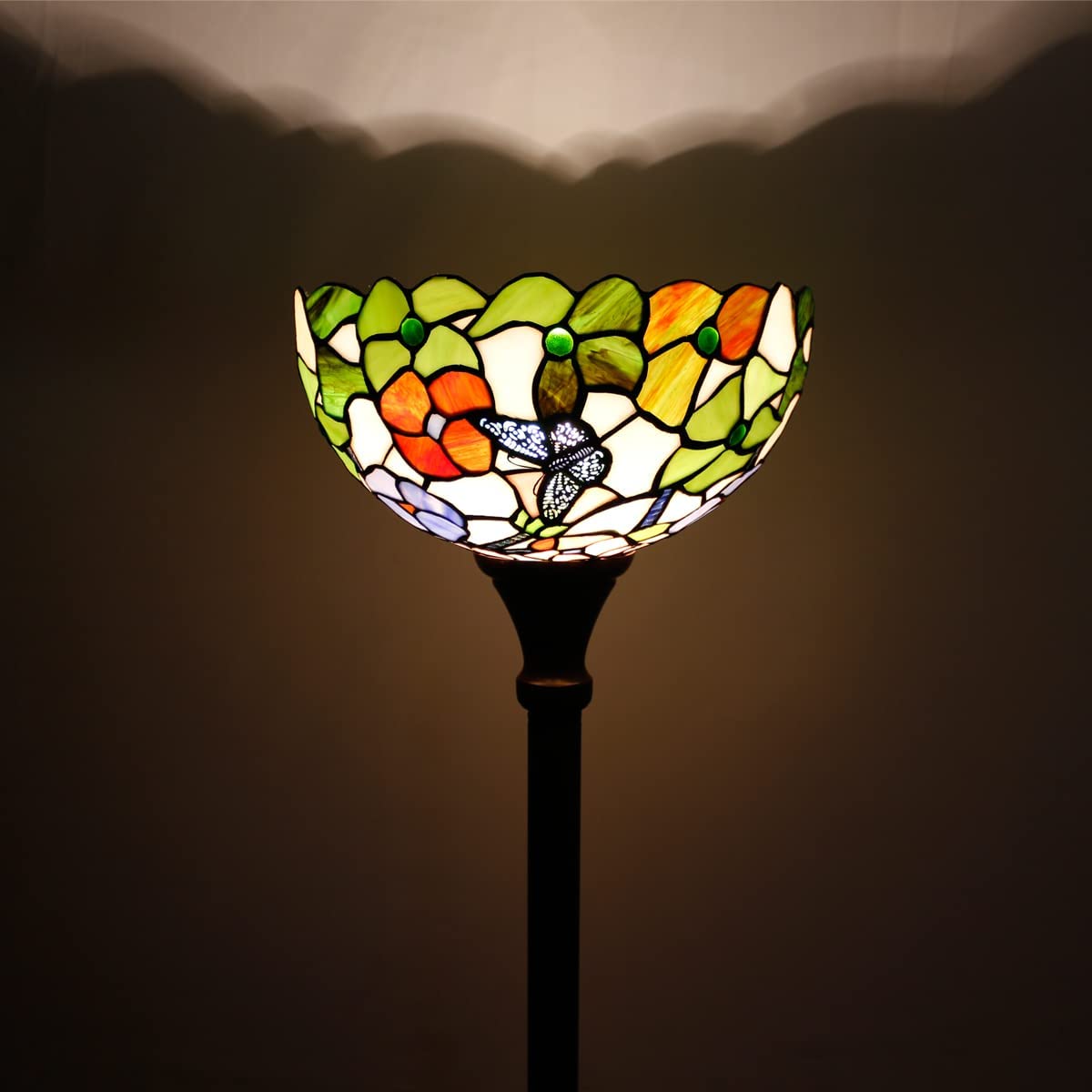 Werfactory® Torchiere Tiffany Floor Lamp 12X12X67 Inches Green Stained Glass Butterfly Torch Light