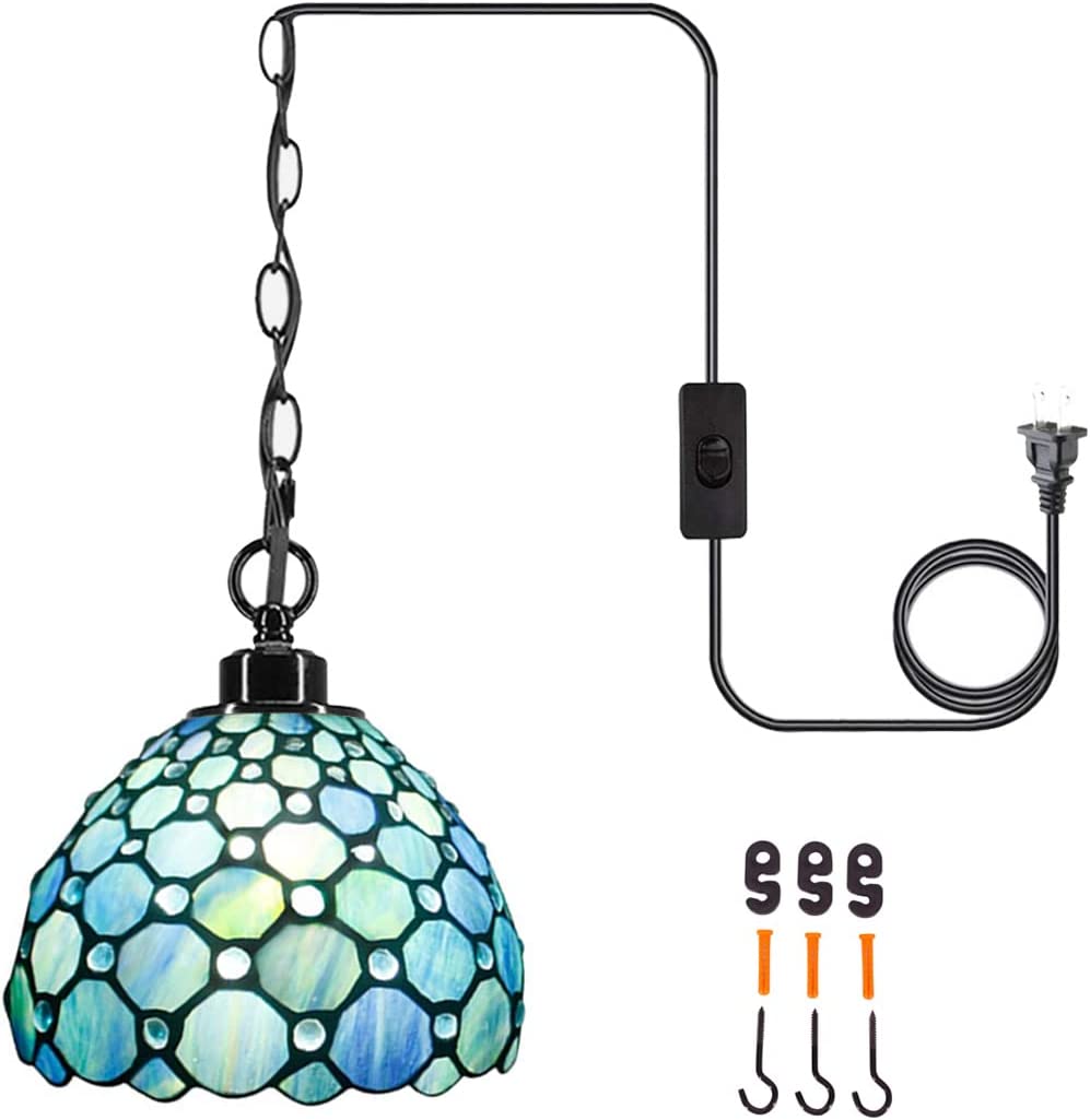 Werfactory® Tiffany Style Plug In Pendant Light Sea Blue Stained Glass Chandelier with 16.4 Ft Hanging Cord in Line On/Off Push Switch