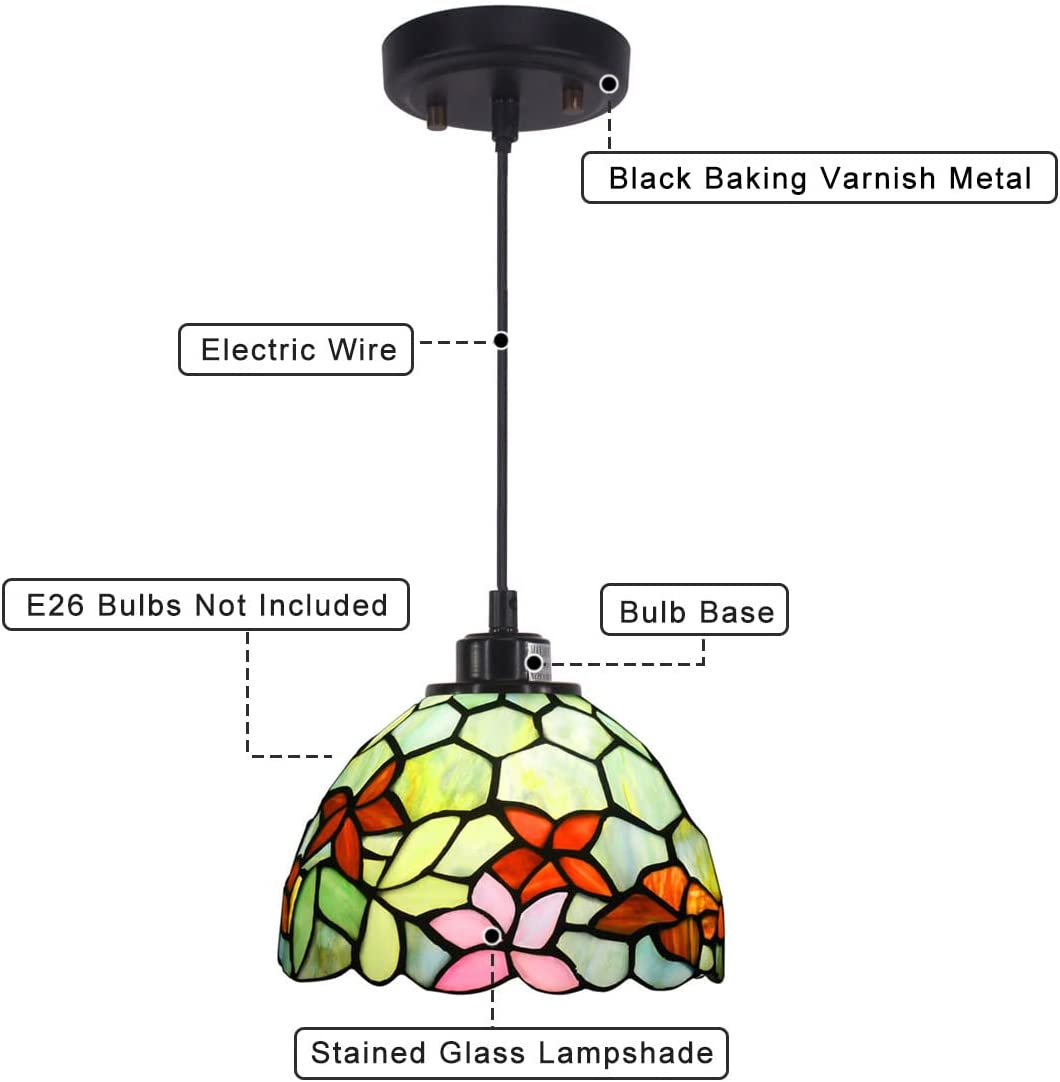 Werfactory® Tiffany Pendant Lighting Fixture 8 Inch Green Stained Glass Hanging Lamp