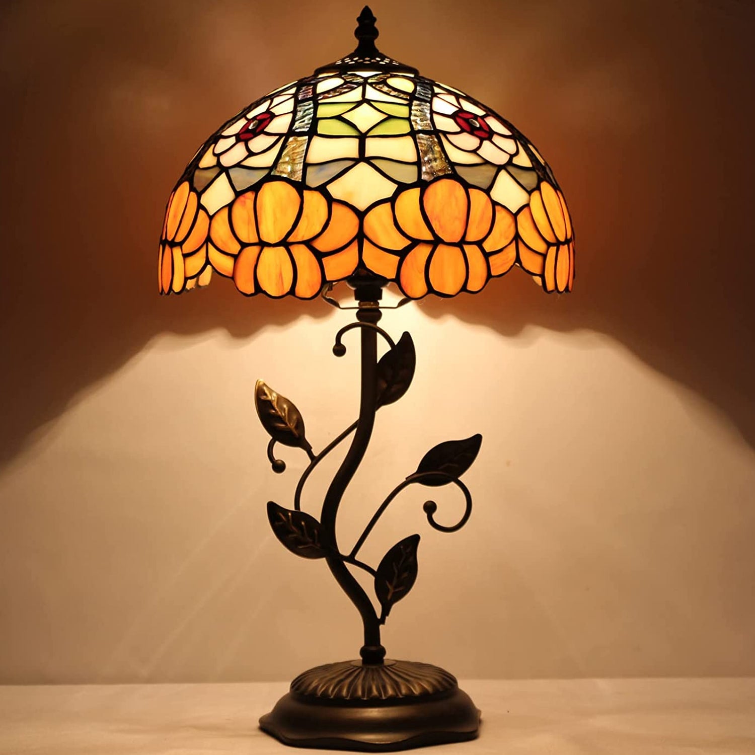 12 inch Werfactory® Table Lamp Stained Glass Lamp Orange Flower Desk Light