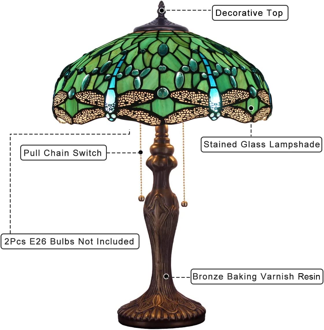 Werfactory® Tiffany Table Lamp Green Stained Glass Dragonfly Style Reading Lamp
